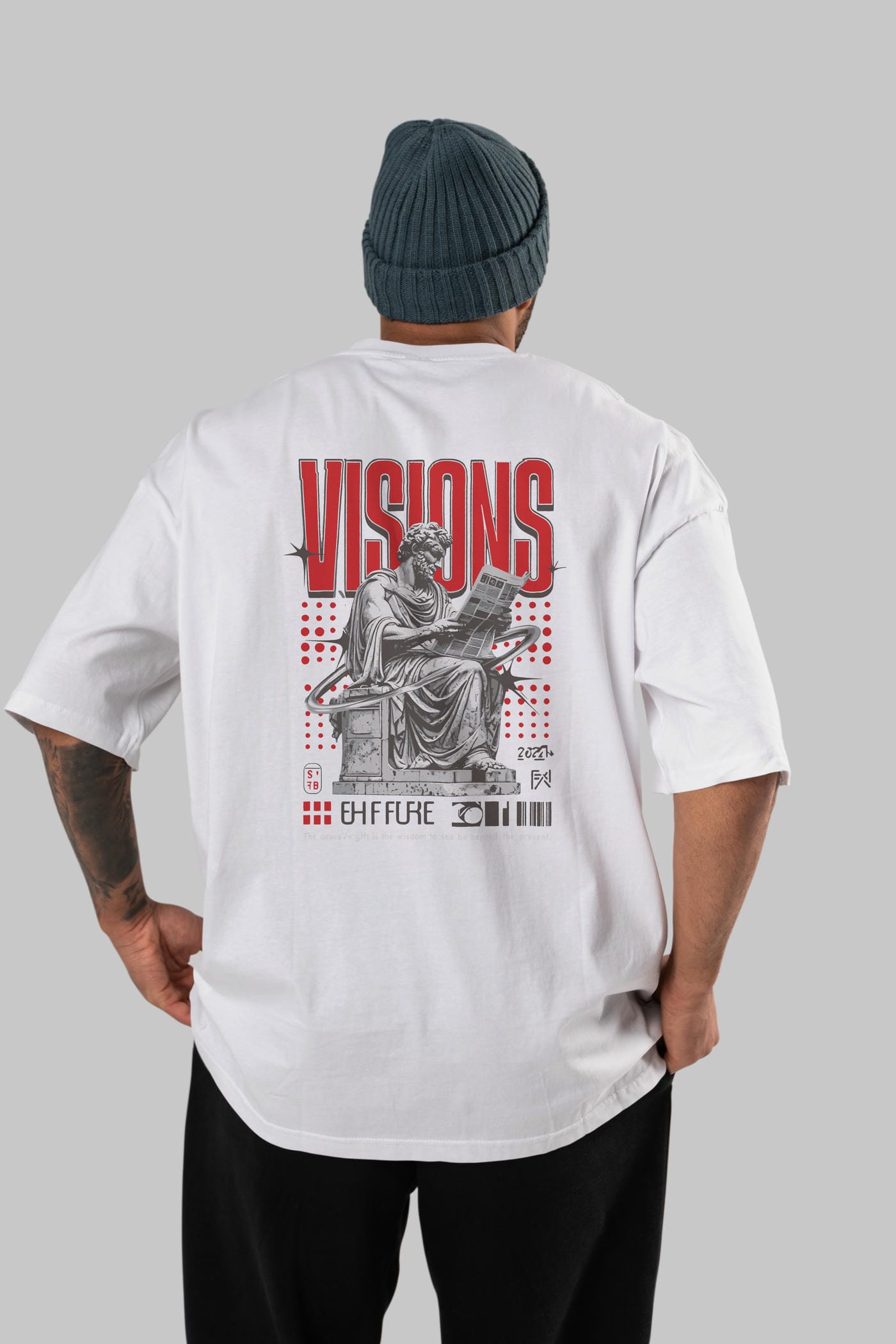 Visions Arka Baskılı Oversize t-shirt Erkek Kadın %100 Pamuk Bisiklet Yaka tişort