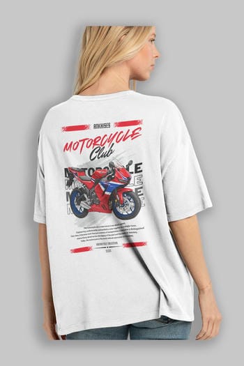 Motosiklet Serisi 24 Arka Baskılı Oversize t-shirt Erkek Kadın %100 Pamuk Bisiklet Yaka tişort