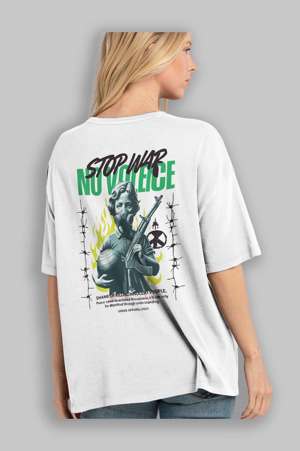 Stop War Arka Baskılı Oversize t-shirt Erkek Kadın %100 Pamuk Bisiklet Yaka tişort