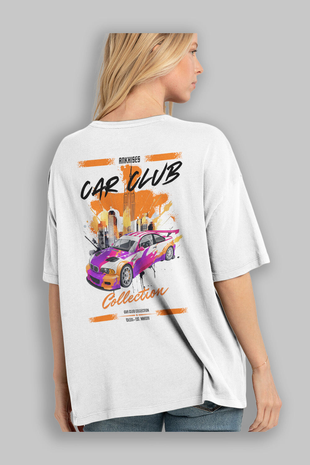 Araba Club Serisi 6 Baskılı Oversize t-shirt Erkek Kadın %100 Pamuk Bisiklet Yaka tişort