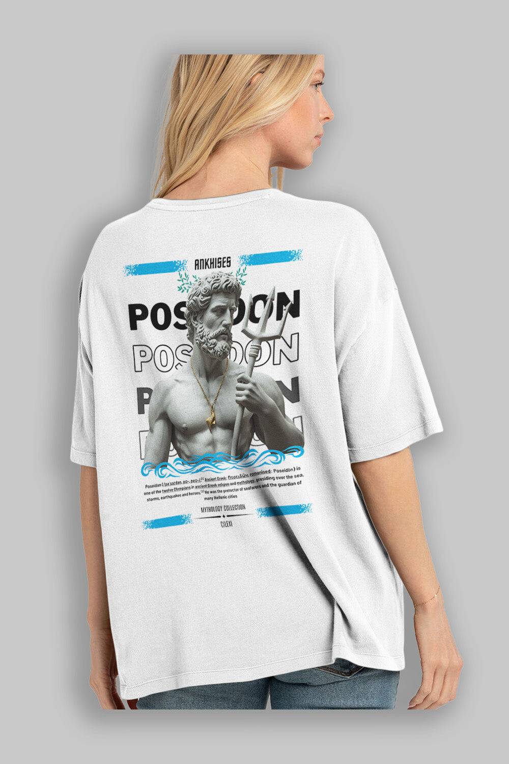 Poseidon 3 Arka Baskılı Oversize t-shirt Erkek Kadın %100 Pamuk Bisiklet Yaka tişort