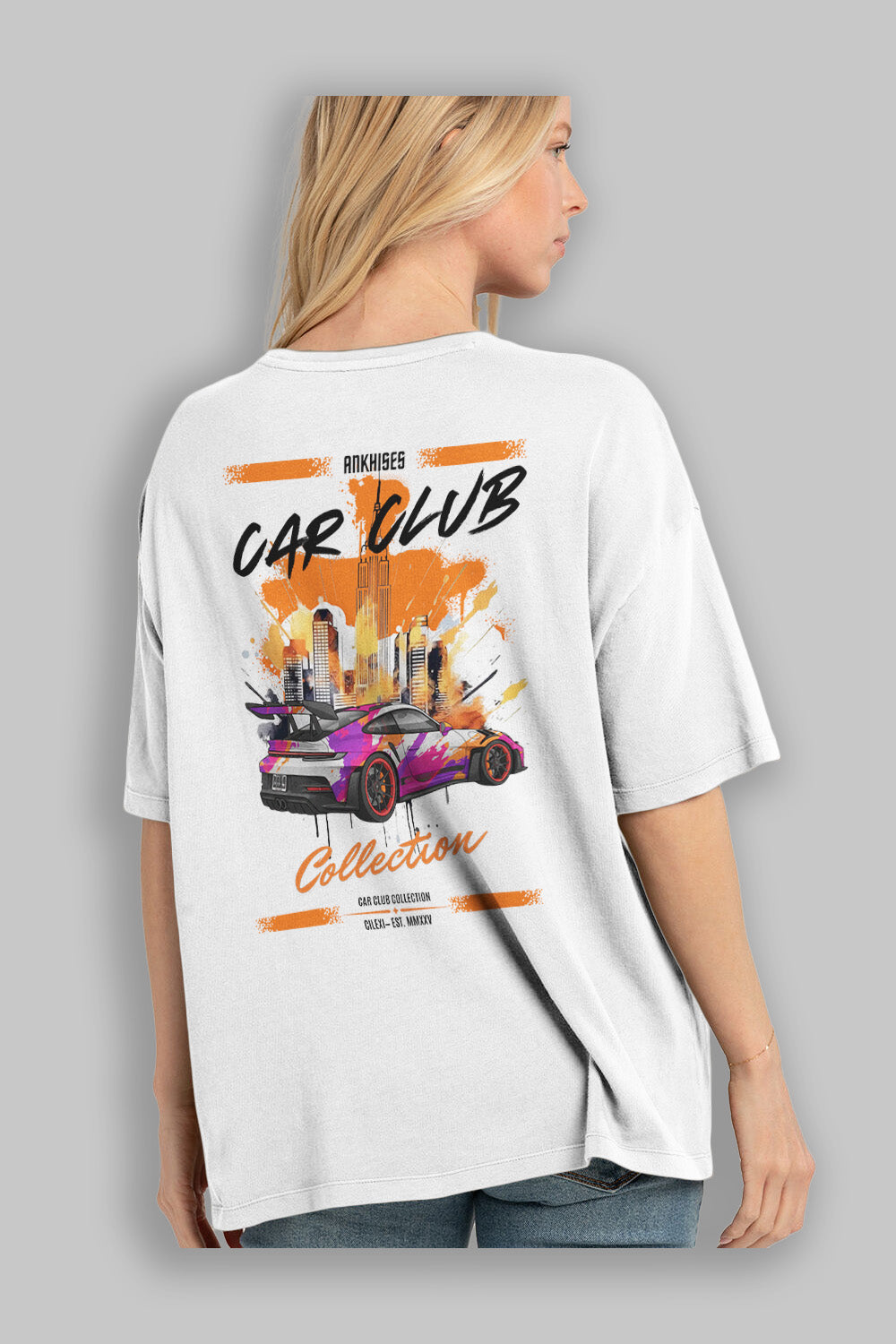 Araba Club Serisi 34 Baskılı Oversize t-shirt Erkek Kadın %100 Pamuk Bisiklet Yaka tişort