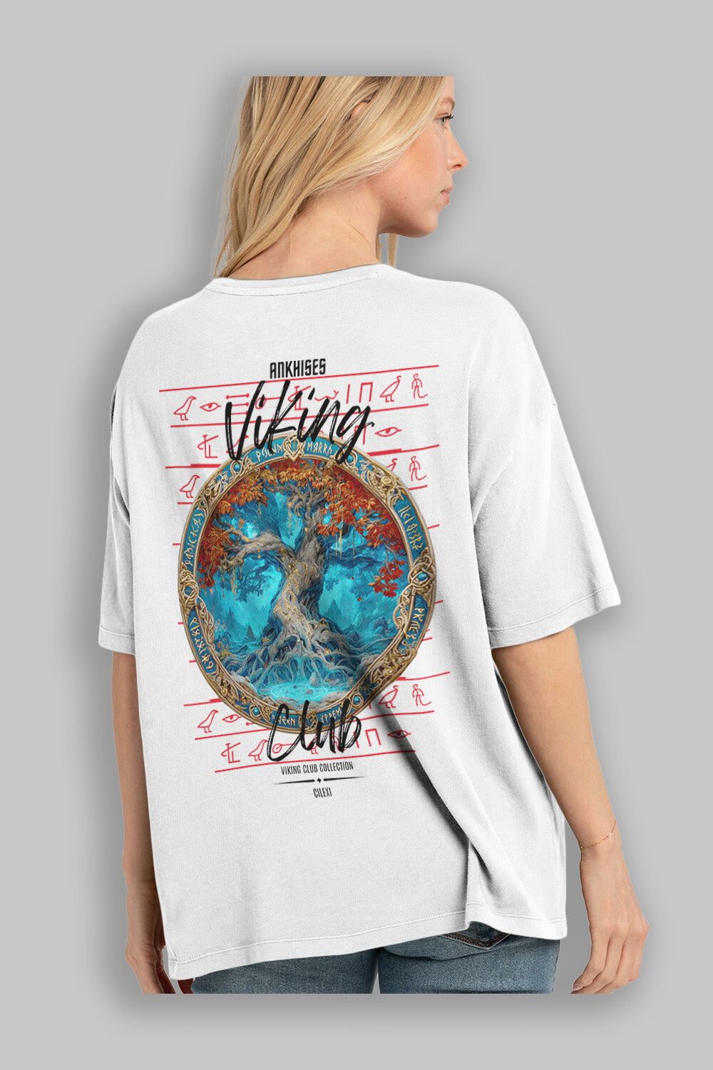 Yggdrasil Arka Baskılı Oversize t-shirt Erkek Kadın %100 Pamuk Bisiklet Yaka tişort