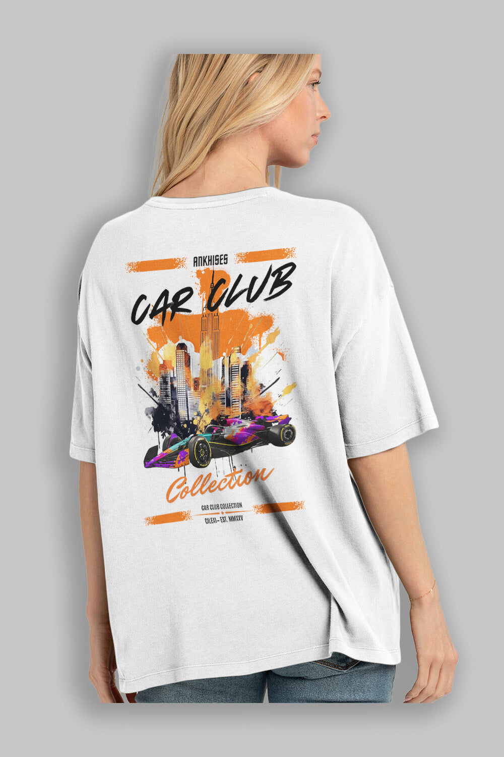 Araba Club Serisi 12 Baskılı Oversize t-shirt Erkek Kadın %100 Pamuk Bisiklet Yaka tişort