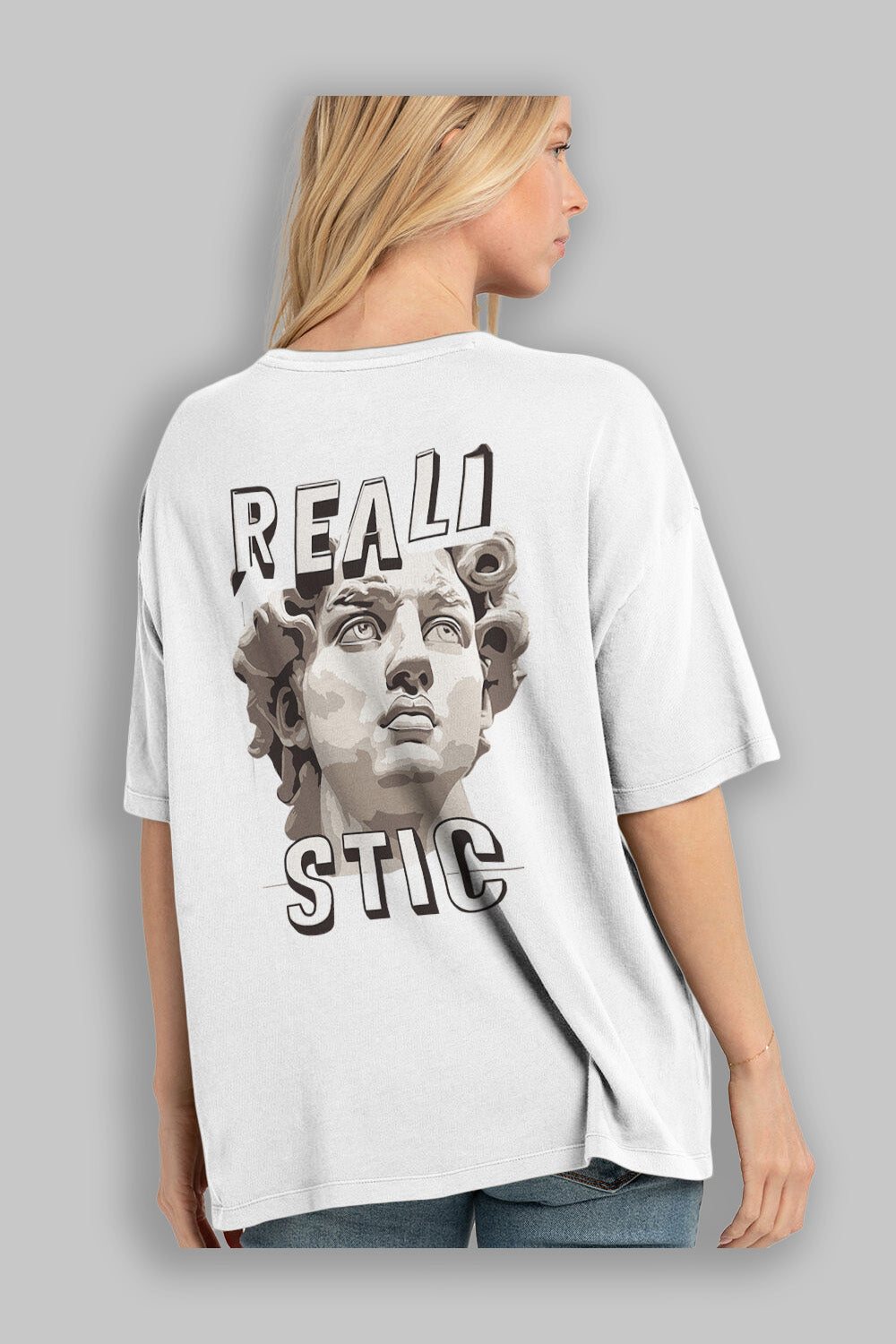 Realistic Arka Baskılı Oversize t-shirt Erkek Kadın %100 Pamuk Bisiklet Yaka tişort