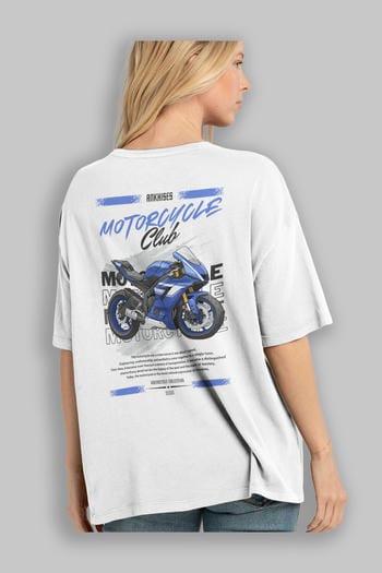 Motosiklet Serisi 32 Arka Baskılı Oversize t-shirt Erkek Kadın %100 Pamuk Bisiklet Yaka tişort
