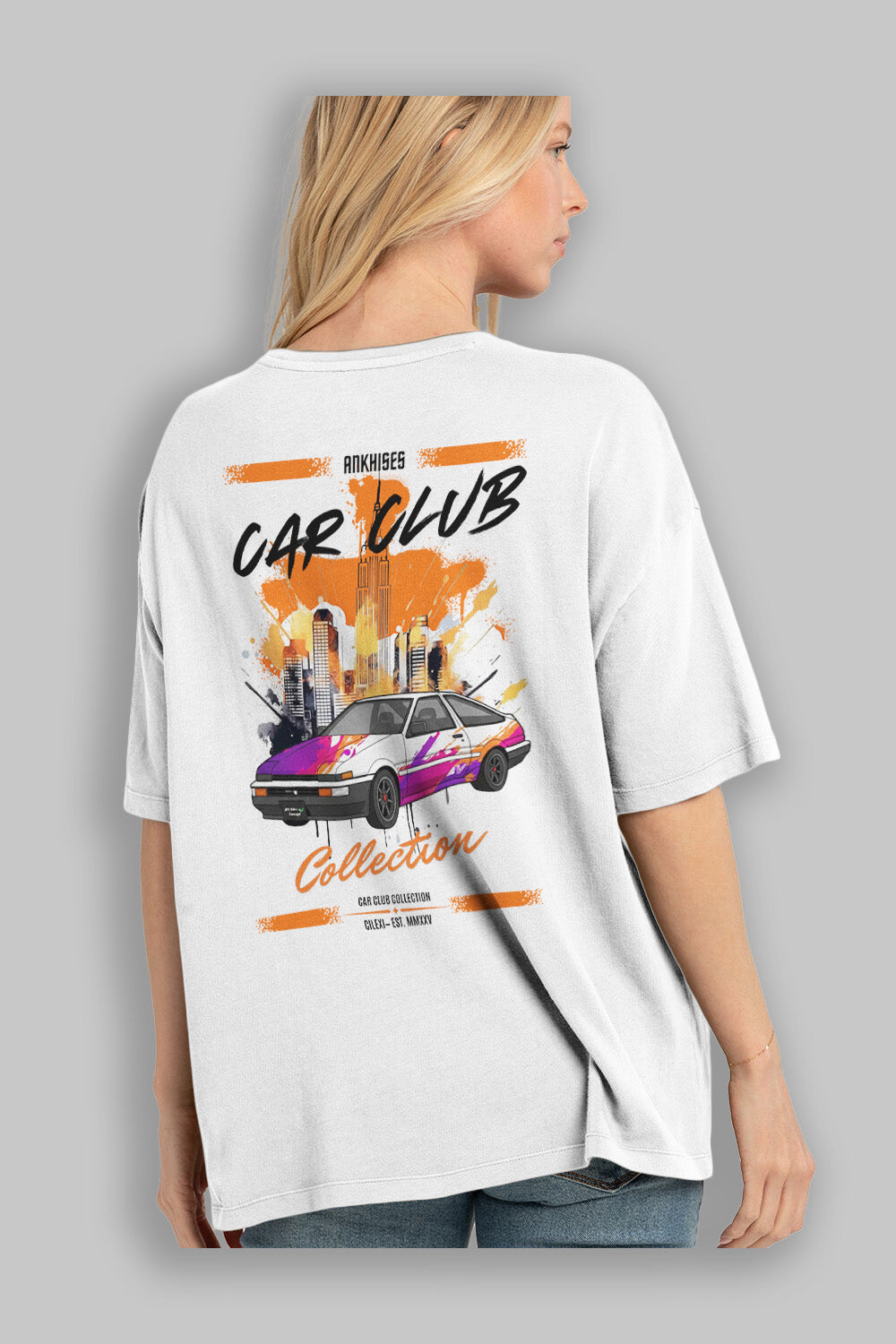 Araba Club Serisi 37 Baskılı Oversize t-shirt Erkek Kadın %100 Pamuk Bisiklet Yaka tişort