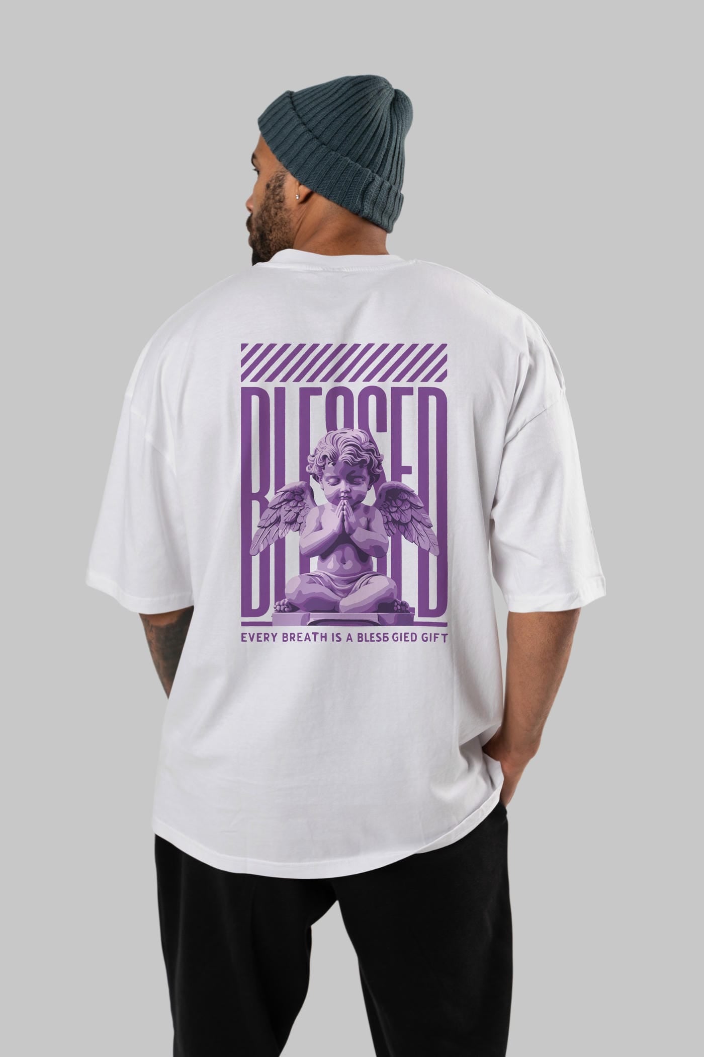Blessed Arka Baskılı Oversize t-shirt Erkek Kadın %100 Pamuk Bisiklet Yaka tişort