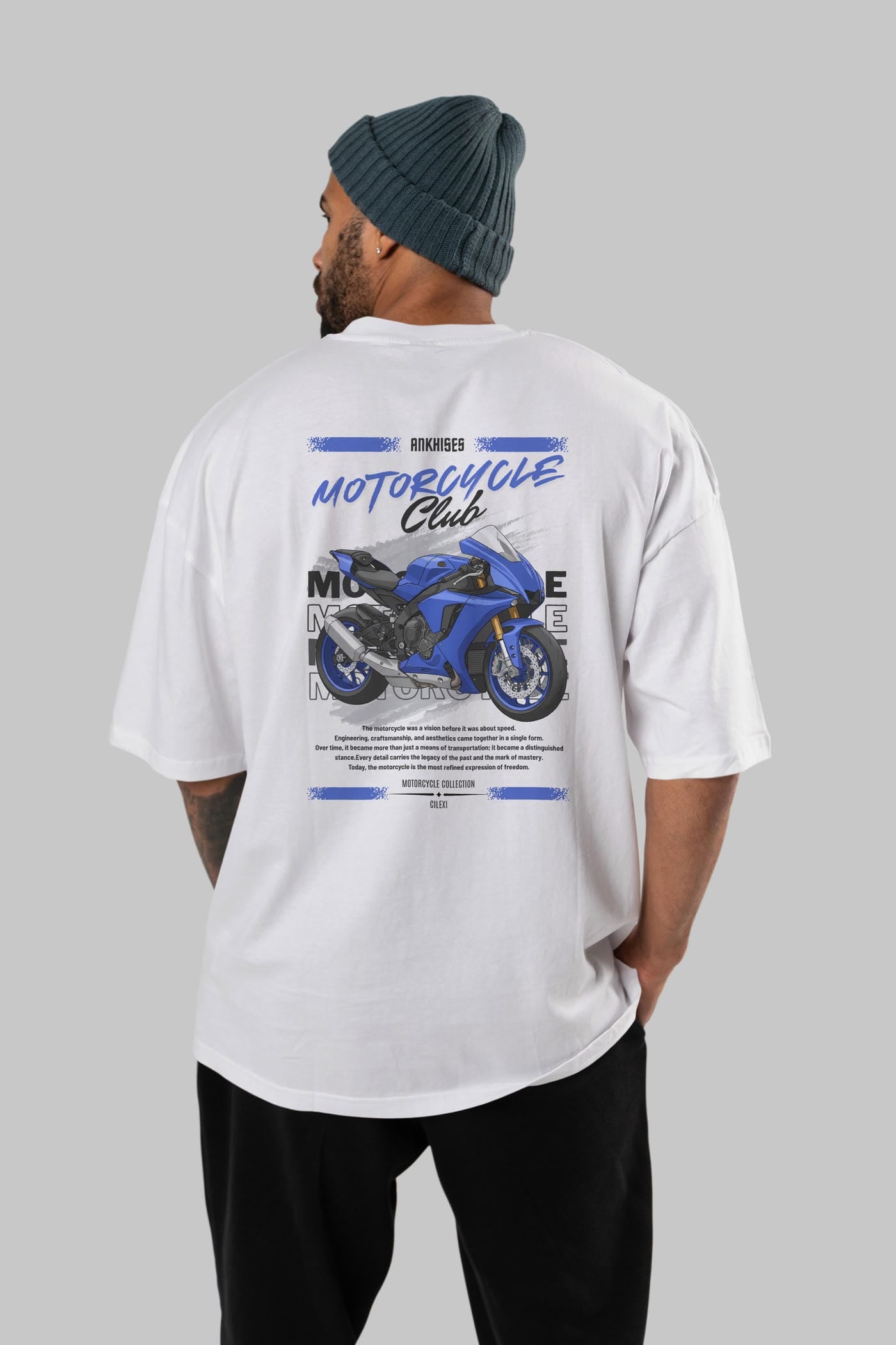 Motosiklet Serisi 31 Arka Baskılı Oversize t-shirt Erkek Kadın %100 Pamuk Bisiklet Yaka tişort