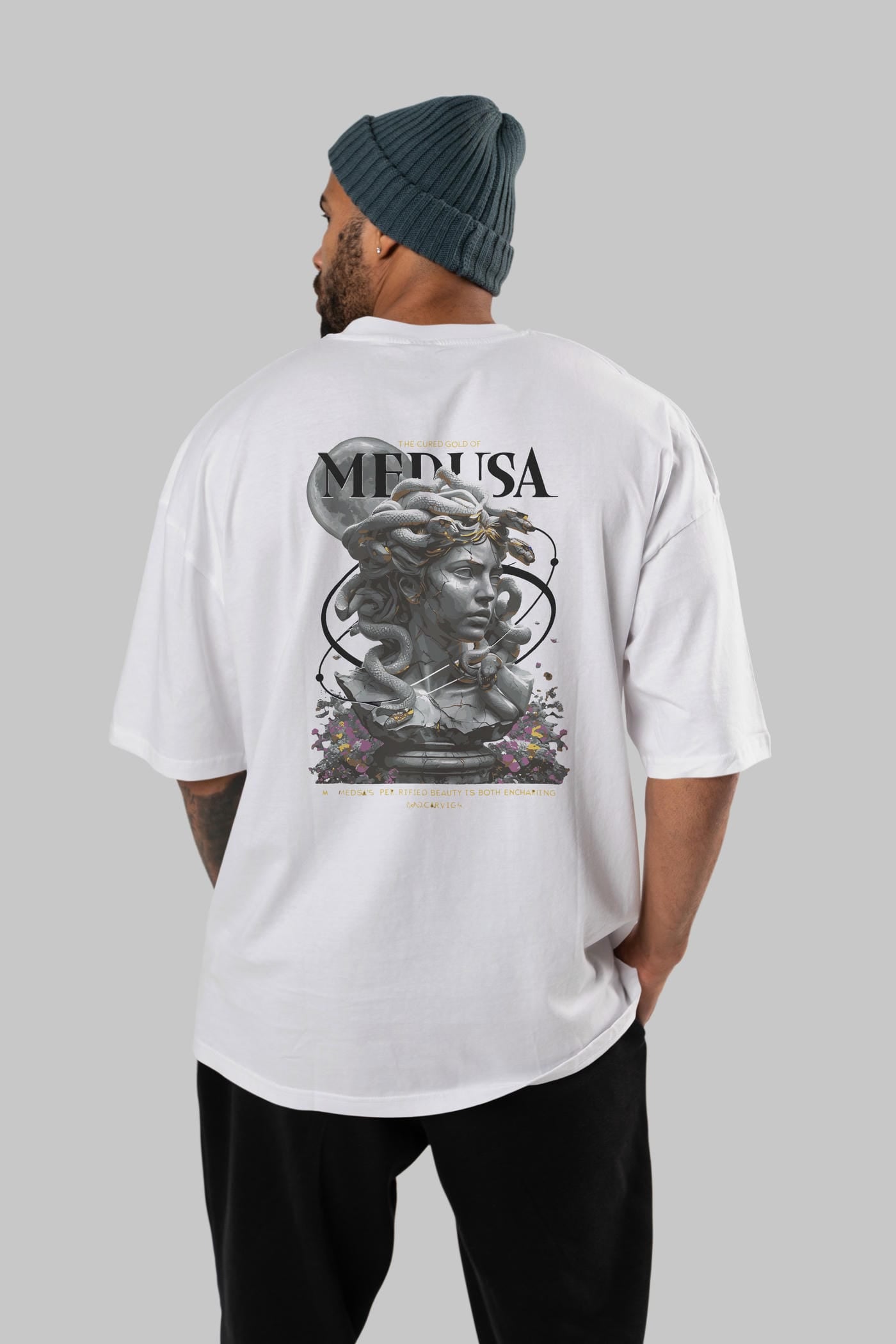Medusa Arka Baskılı Oversize t-shirt Erkek Kadın %100 Pamuk Bisiklet Yaka tişort