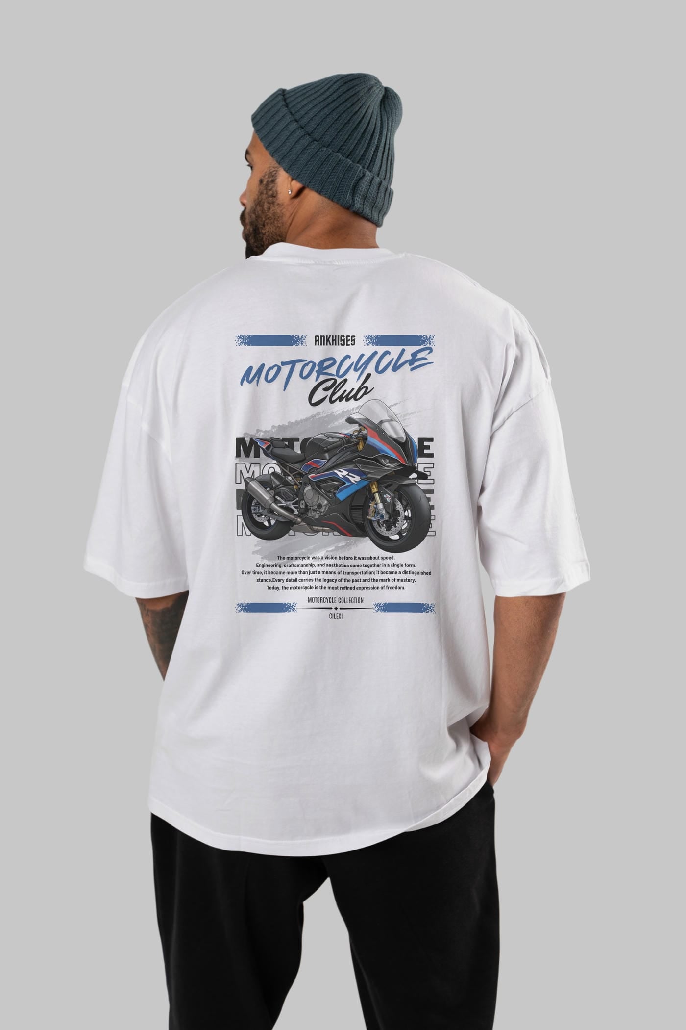 Motosiklet Serisi 1 Arka Baskılı Oversize t-shirt Erkek Kadın %100 Pamuk Bisiklet Yaka tişort