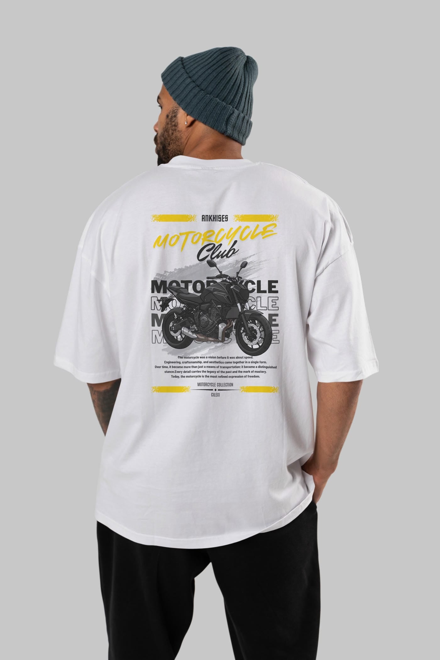 Motosiklet Serisi 20 Arka Baskılı Oversize t-shirt Erkek Kadın %100 Pamuk Bisiklet Yaka tişort