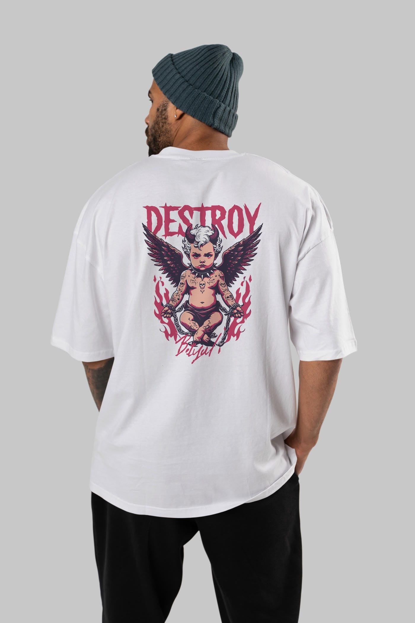 Destroy Arka Baskılı Oversize t-shirt Erkek Kadın %100 Pamuk Bisiklet Yaka tişort