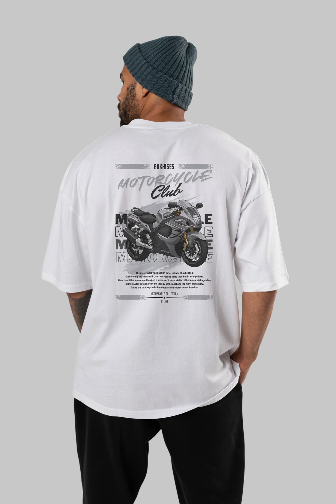 Motosiklet Serisi 9 Arka Baskılı Oversize t-shirt Erkek Kadın %100 Pamuk Bisiklet Yaka tişort