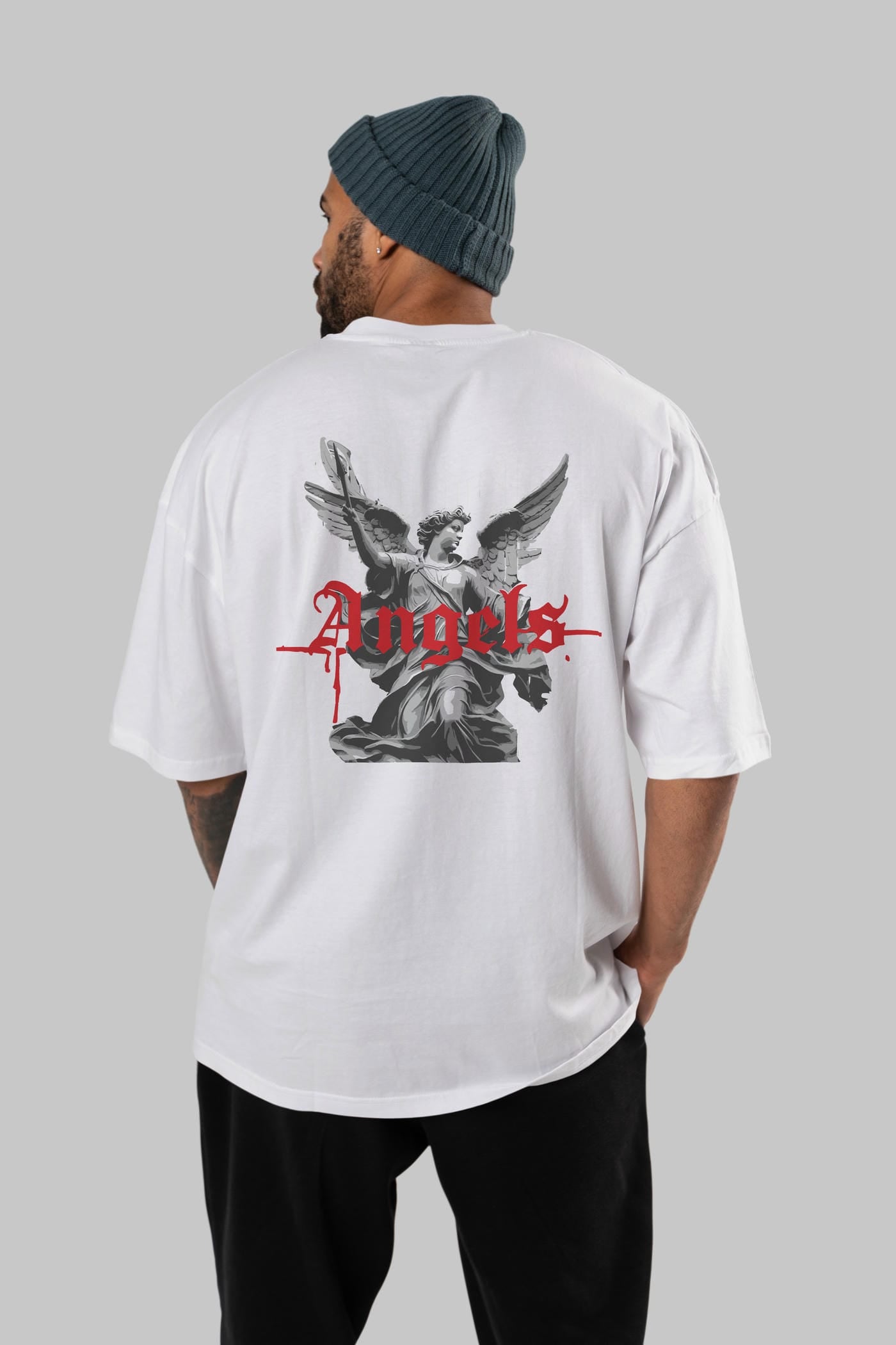 Angels Arka Baskılı Oversize t-shirt Erkek Kadın %100 Pamuk Bisiklet Yaka tişort
