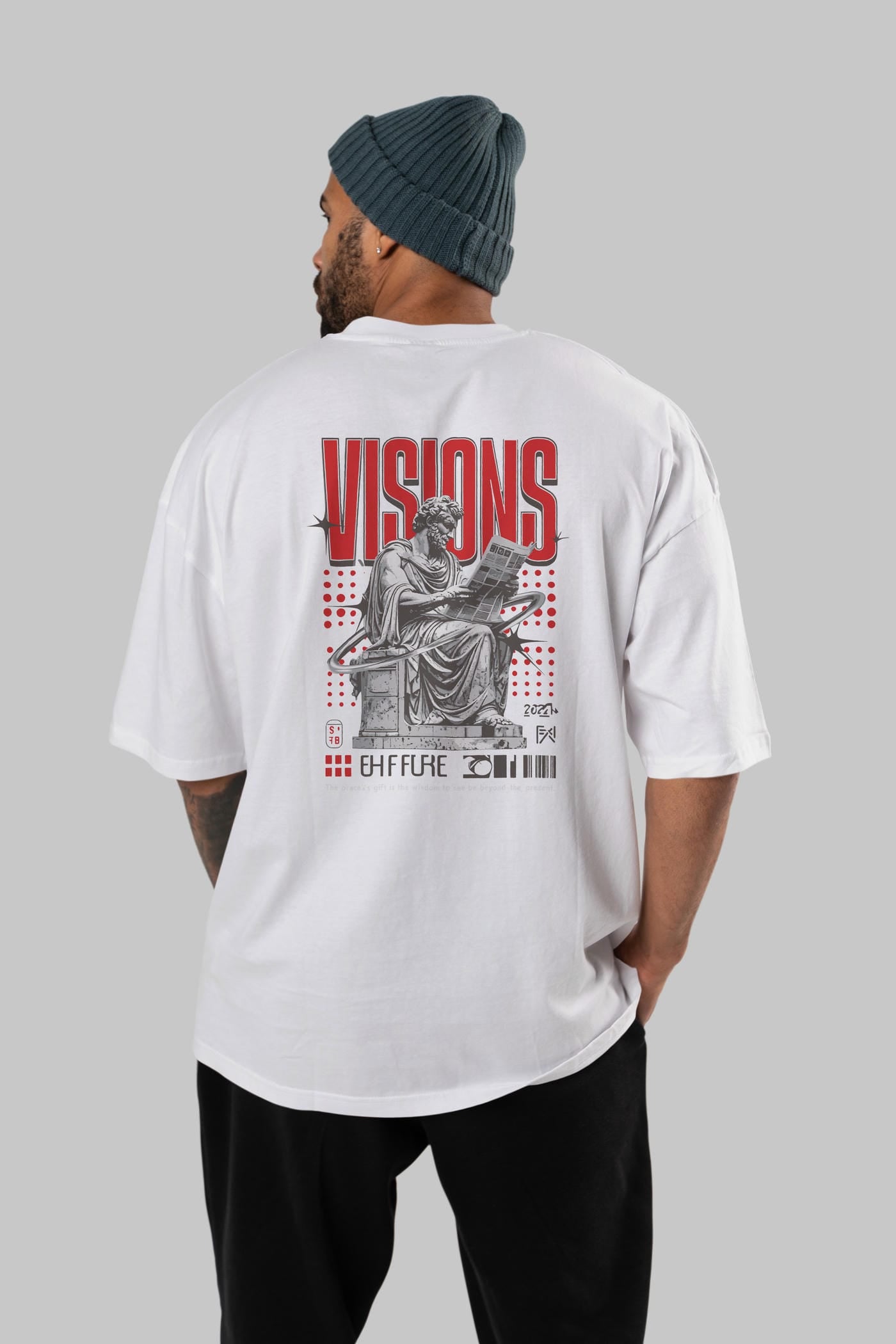 Visions Arka Baskılı Oversize t-shirt Erkek Kadın %100 Pamuk Bisiklet Yaka tişort