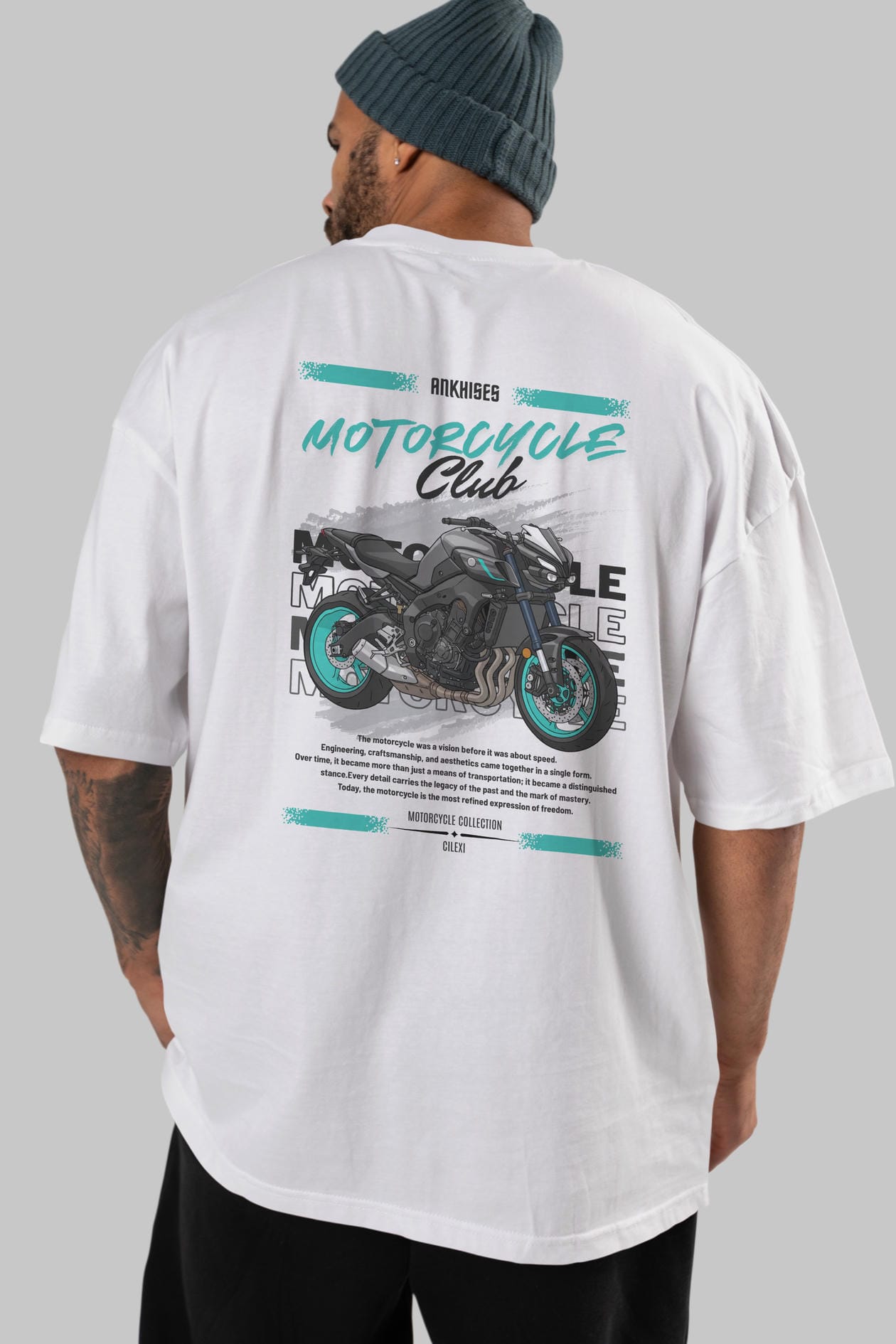 Motosiklet Serisi 21 Arka Baskılı Oversize t-shirt Erkek Kadın %100 Pamuk Bisiklet Yaka tişort