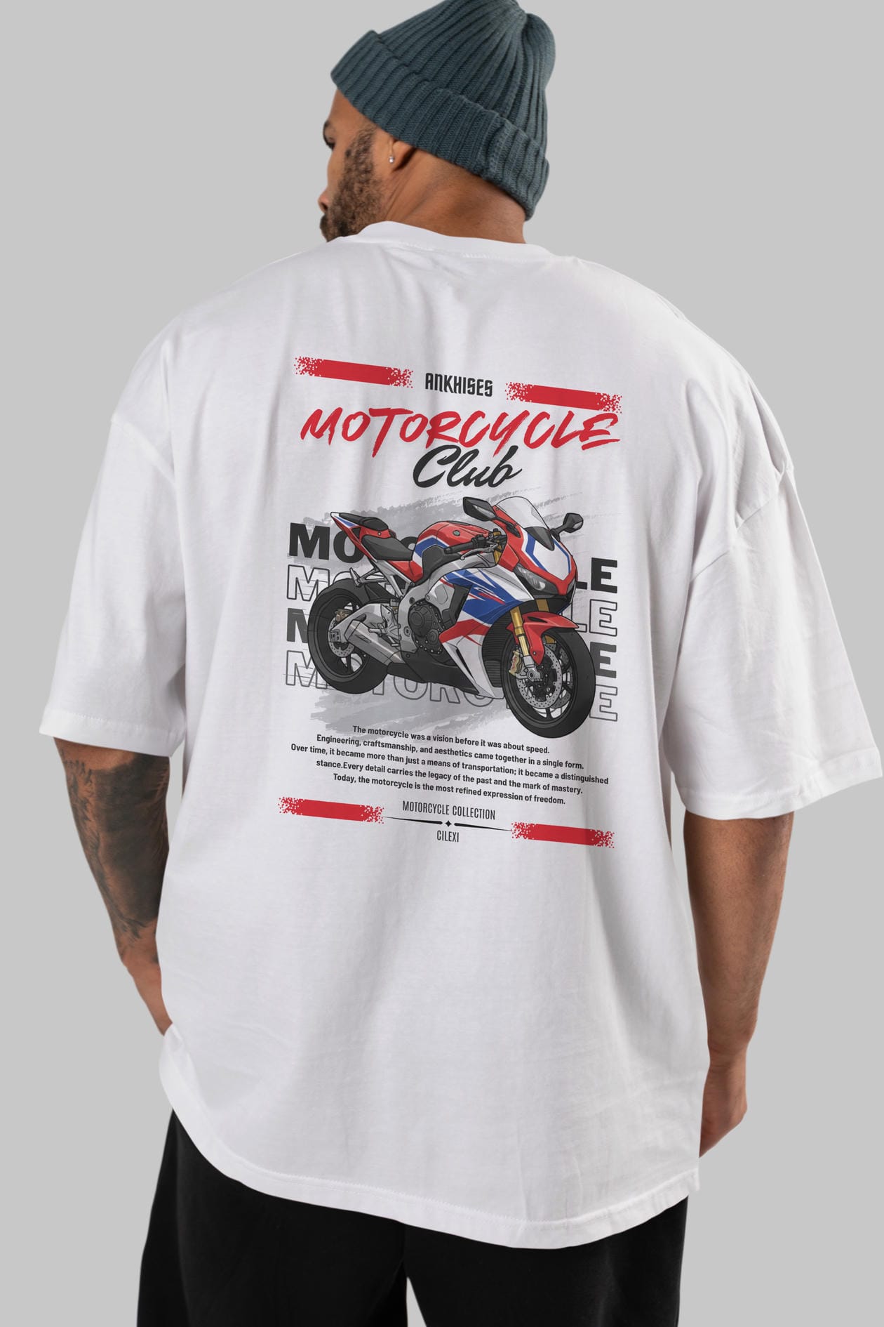 Motosiklet Serisi 4 Arka Baskılı Oversize t-shirt Erkek Kadın %100 Pamuk Bisiklet Yaka tişort