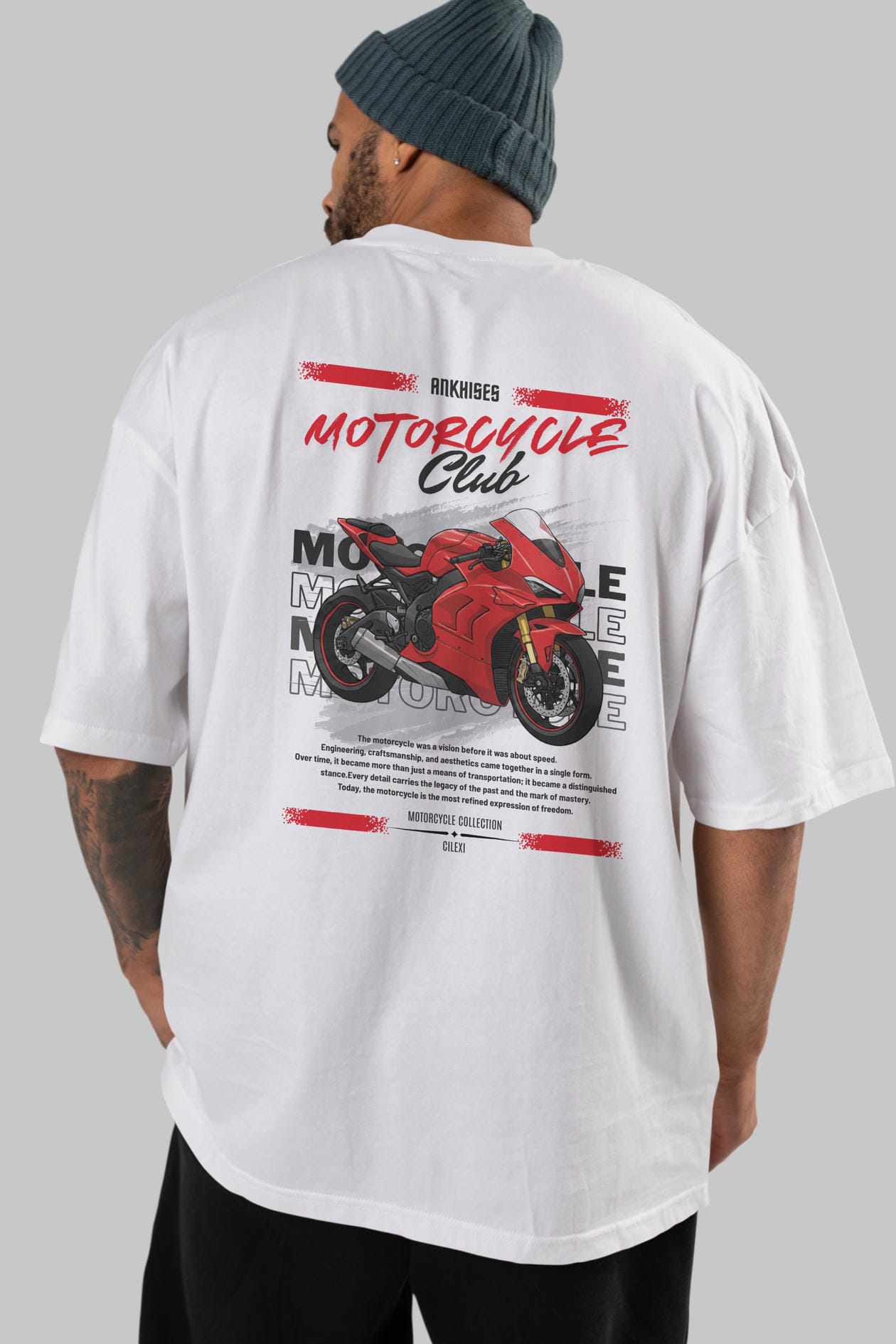 Motosiklet Serisi 7 Arka Baskılı Oversize t-shirt Erkek Kadın %100 Pamuk Bisiklet Yaka tişort
