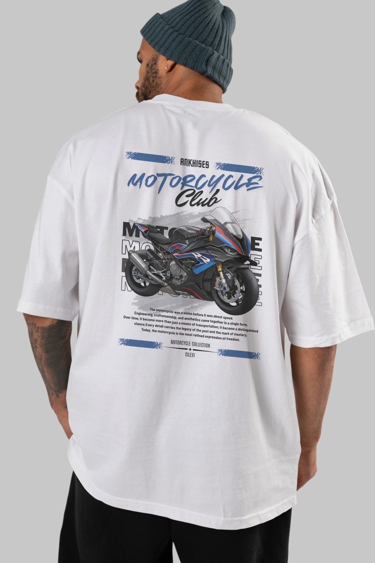 Motosiklet Serisi 1 Arka Baskılı Oversize t-shirt Erkek Kadın %100 Pamuk Bisiklet Yaka tişort