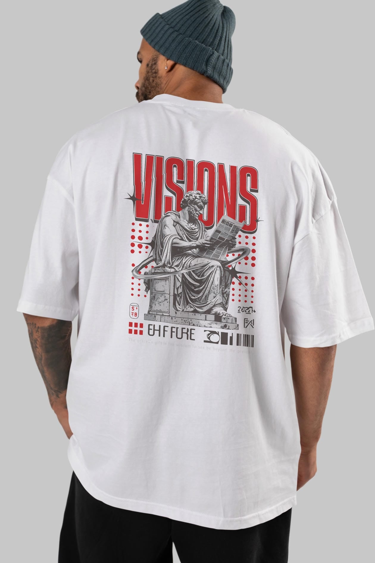 Visions Arka Baskılı Oversize t-shirt Erkek Kadın %100 Pamuk Bisiklet Yaka tişort