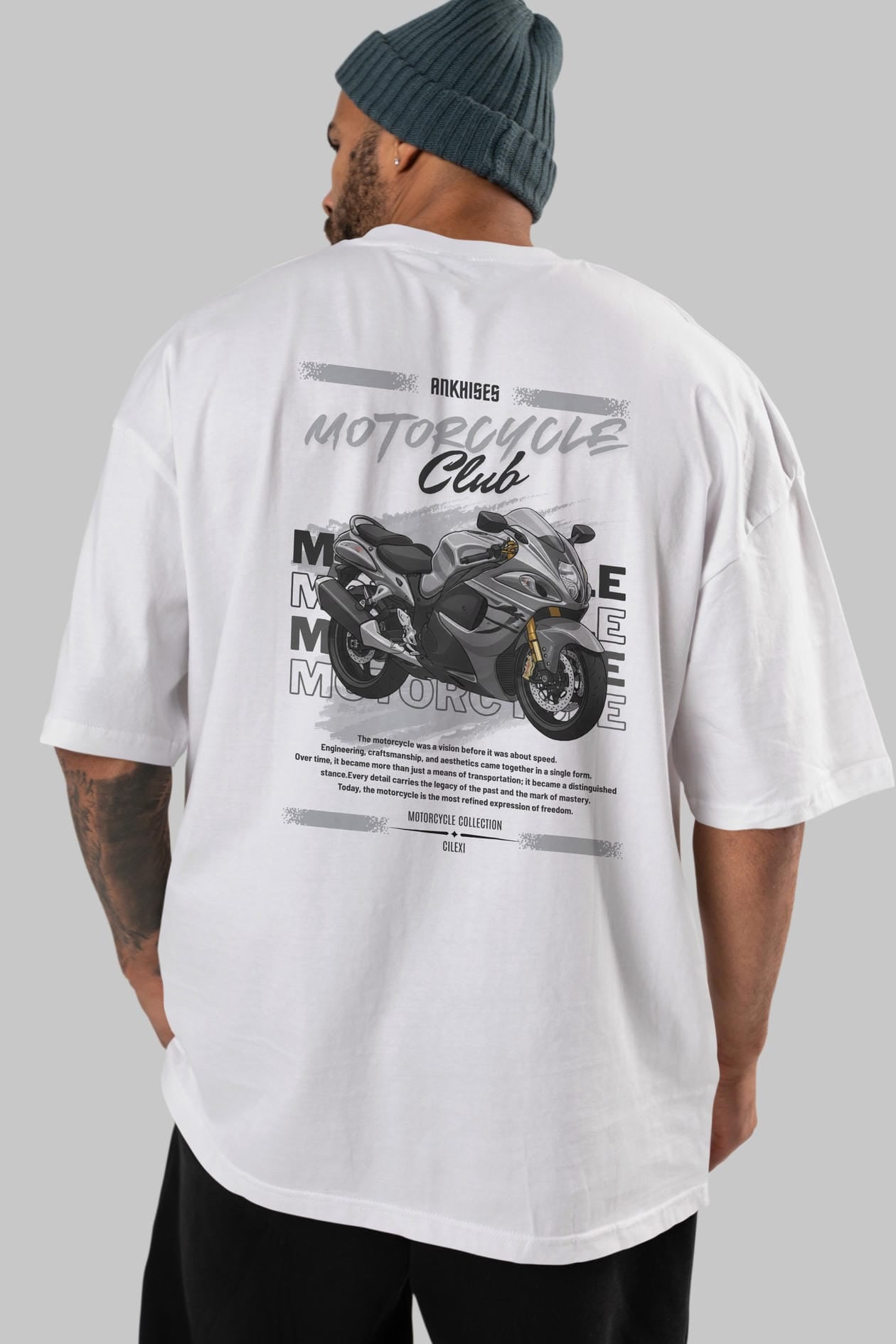Motosiklet Serisi 9 Arka Baskılı Oversize t-shirt Erkek Kadın %100 Pamuk Bisiklet Yaka tişort