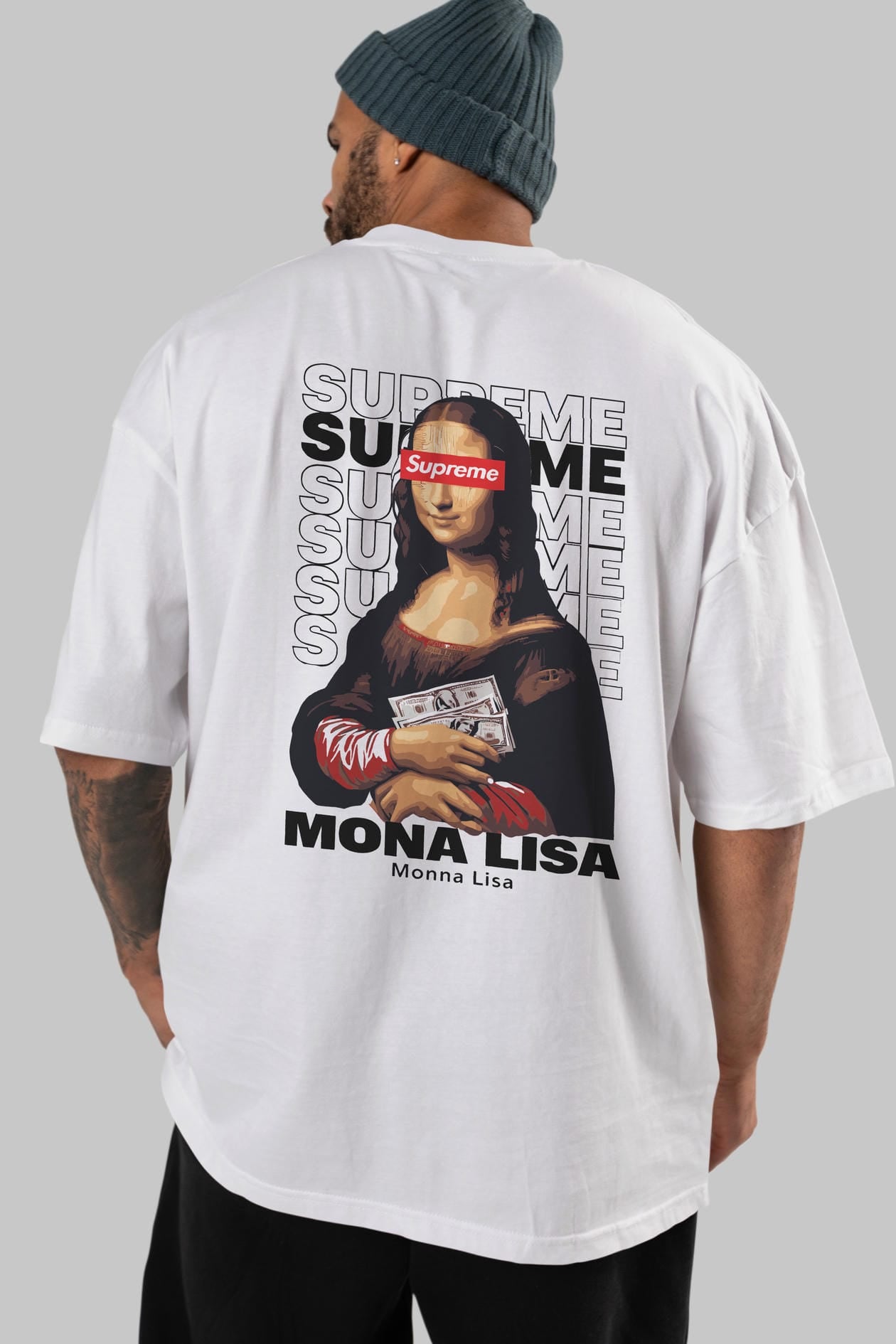 Mona Lisa Supreme Arka Baskılı Oversize t-shirt Erkek Kadın %100 Pamuk Bisiklet Yaka tişort