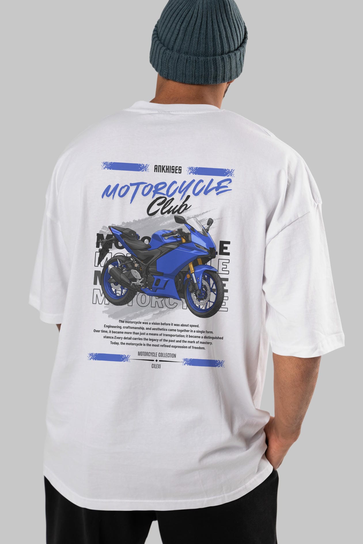 Motosiklet Serisi 33 Arka Baskılı Oversize t-shirt Erkek Kadın %100 Pamuk Bisiklet Yaka tişort