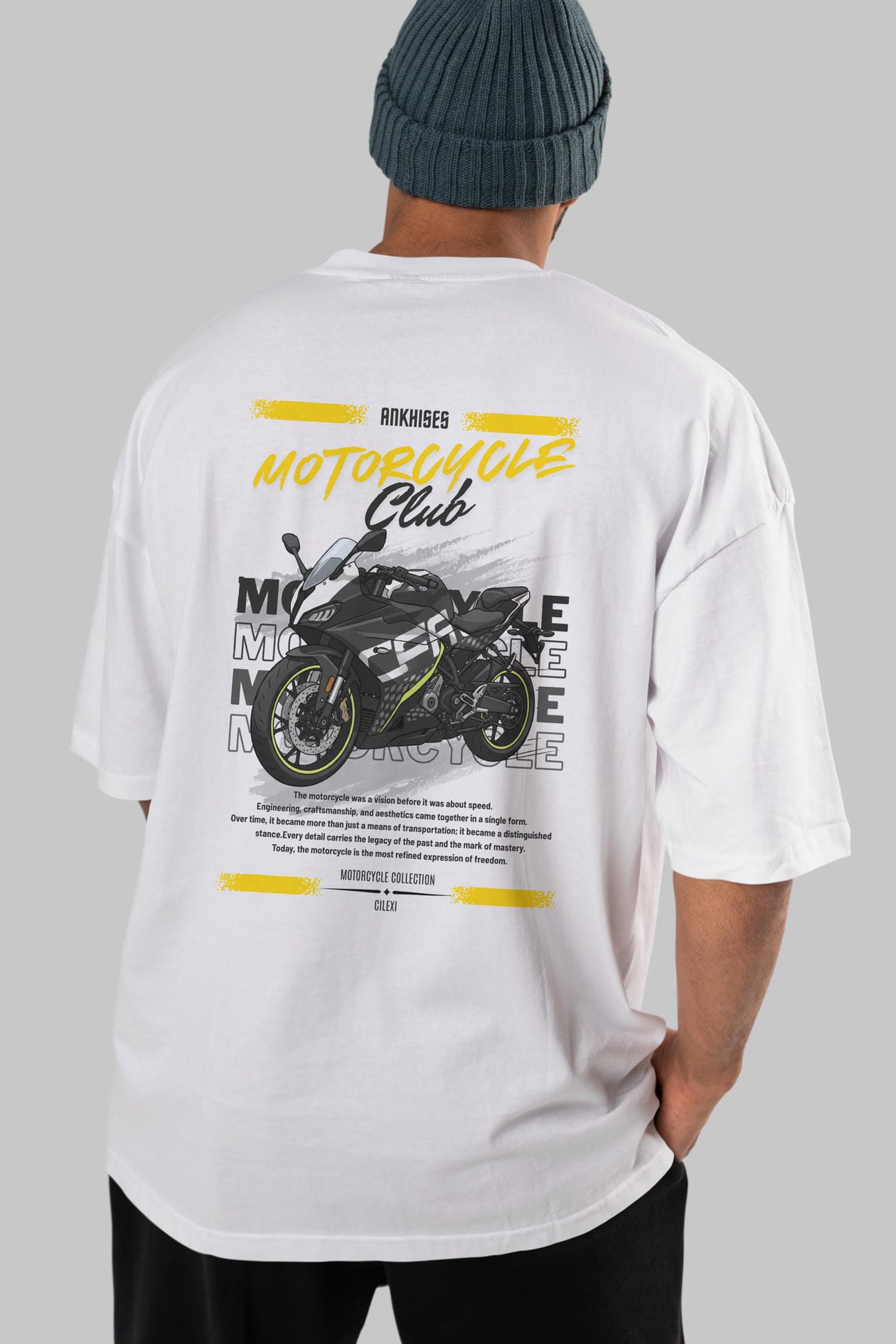 Motosiklet Serisi 16 Arka Baskılı Oversize t-shirt Erkek Kadın %100 Pamuk Bisiklet Yaka tişort