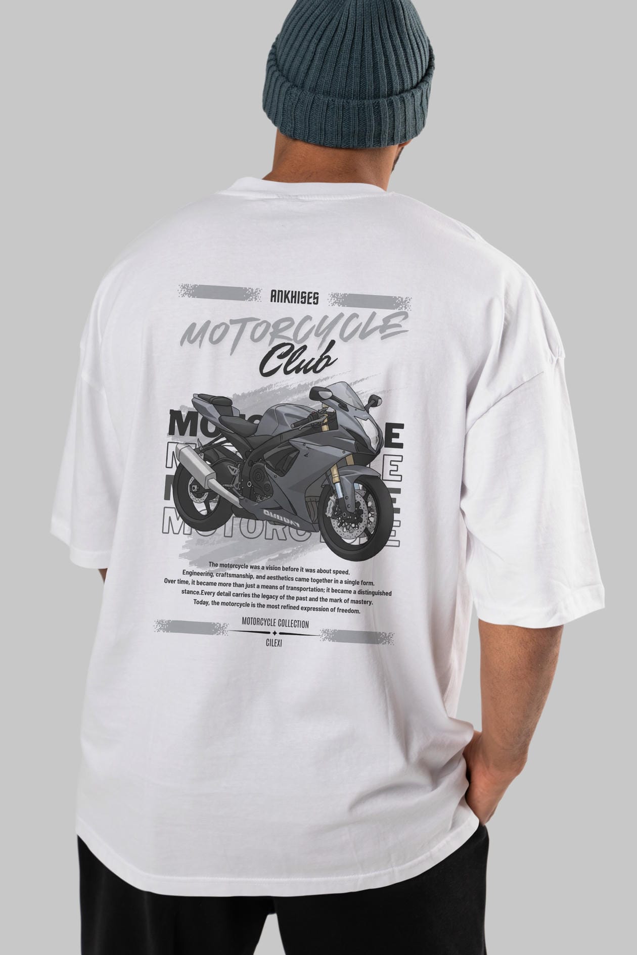 Motosiklet Serisi 10 Arka Baskılı Oversize t-shirt Erkek Kadın %100 Pamuk Bisiklet Yaka tişort