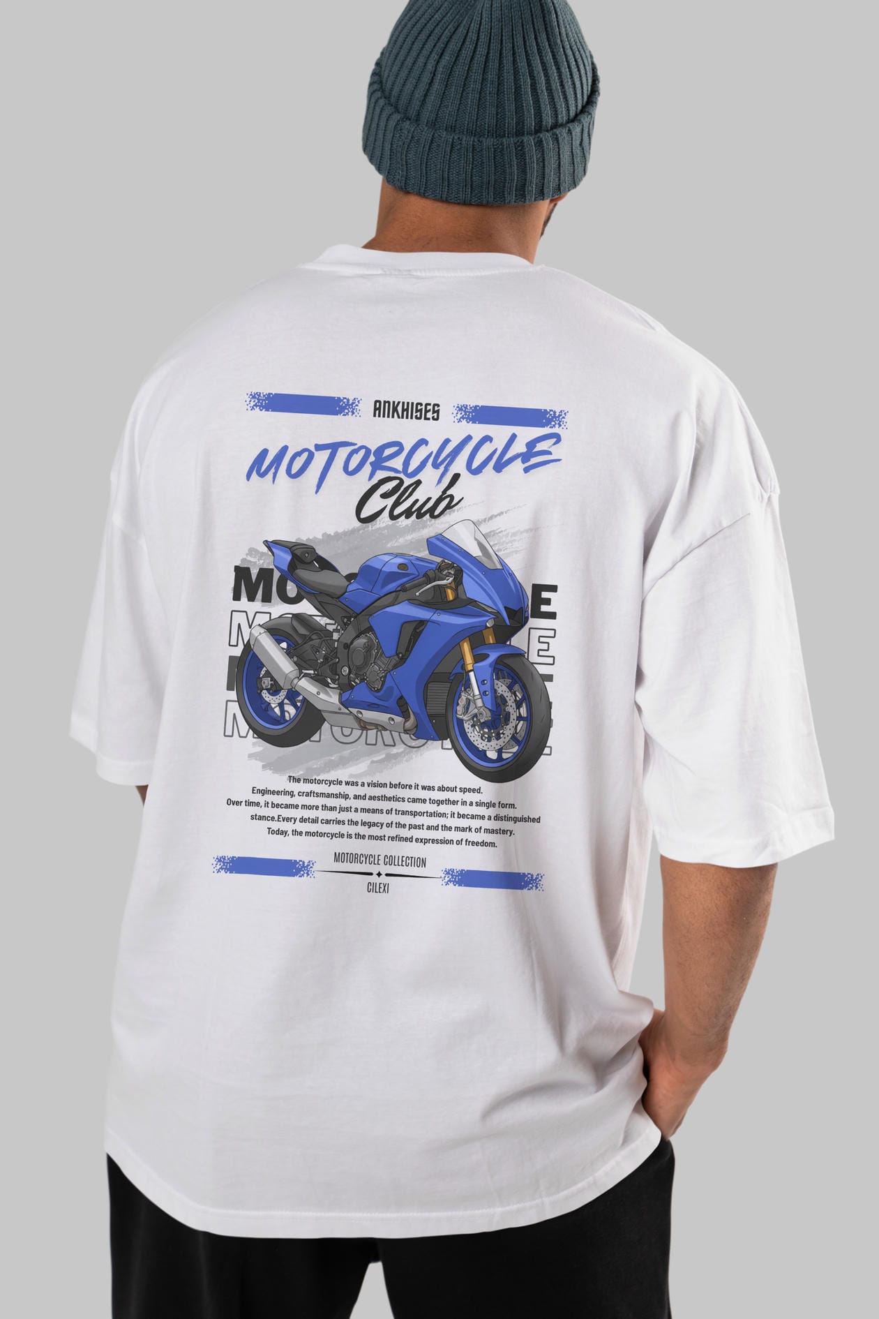 Motosiklet Serisi 31 Arka Baskılı Oversize t-shirt Erkek Kadın %100 Pamuk Bisiklet Yaka tişort