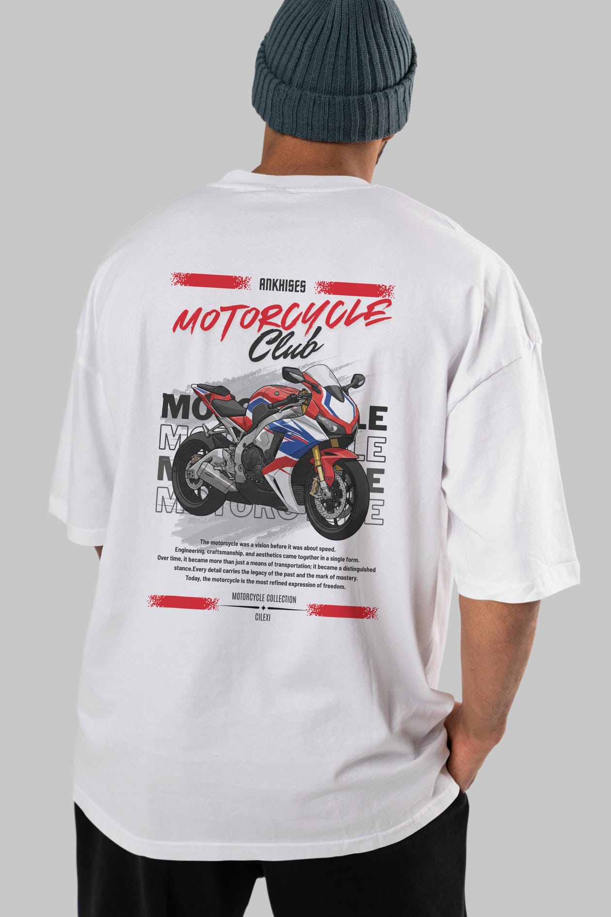 Motosiklet Serisi 4 Arka Baskılı Oversize t-shirt Erkek Kadın %100 Pamuk Bisiklet Yaka tişort
