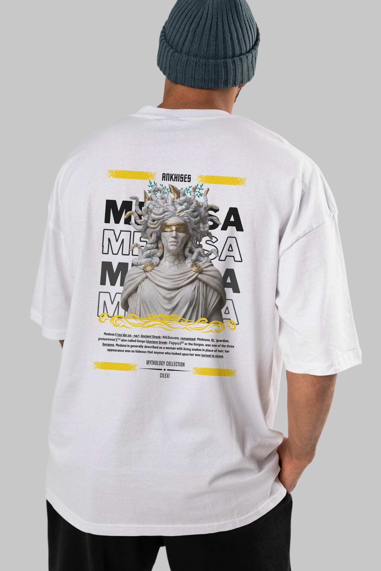 Medusa 2 Arka Baskılı Oversize t-shirt Erkek Kadın %100 Pamuk Bisiklet Yaka tişort