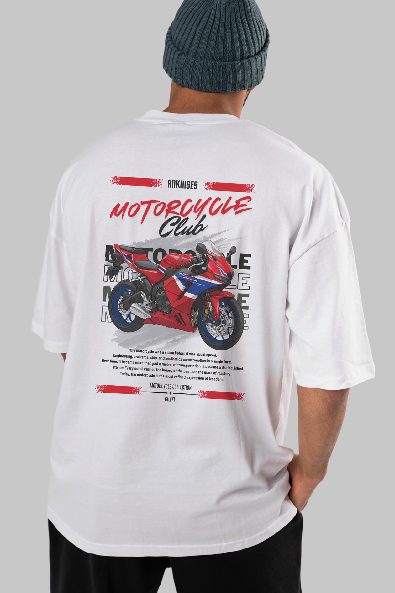 Motosiklet Serisi 24 Arka Baskılı Oversize t-shirt Erkek Kadın %100 Pamuk Bisiklet Yaka tişort