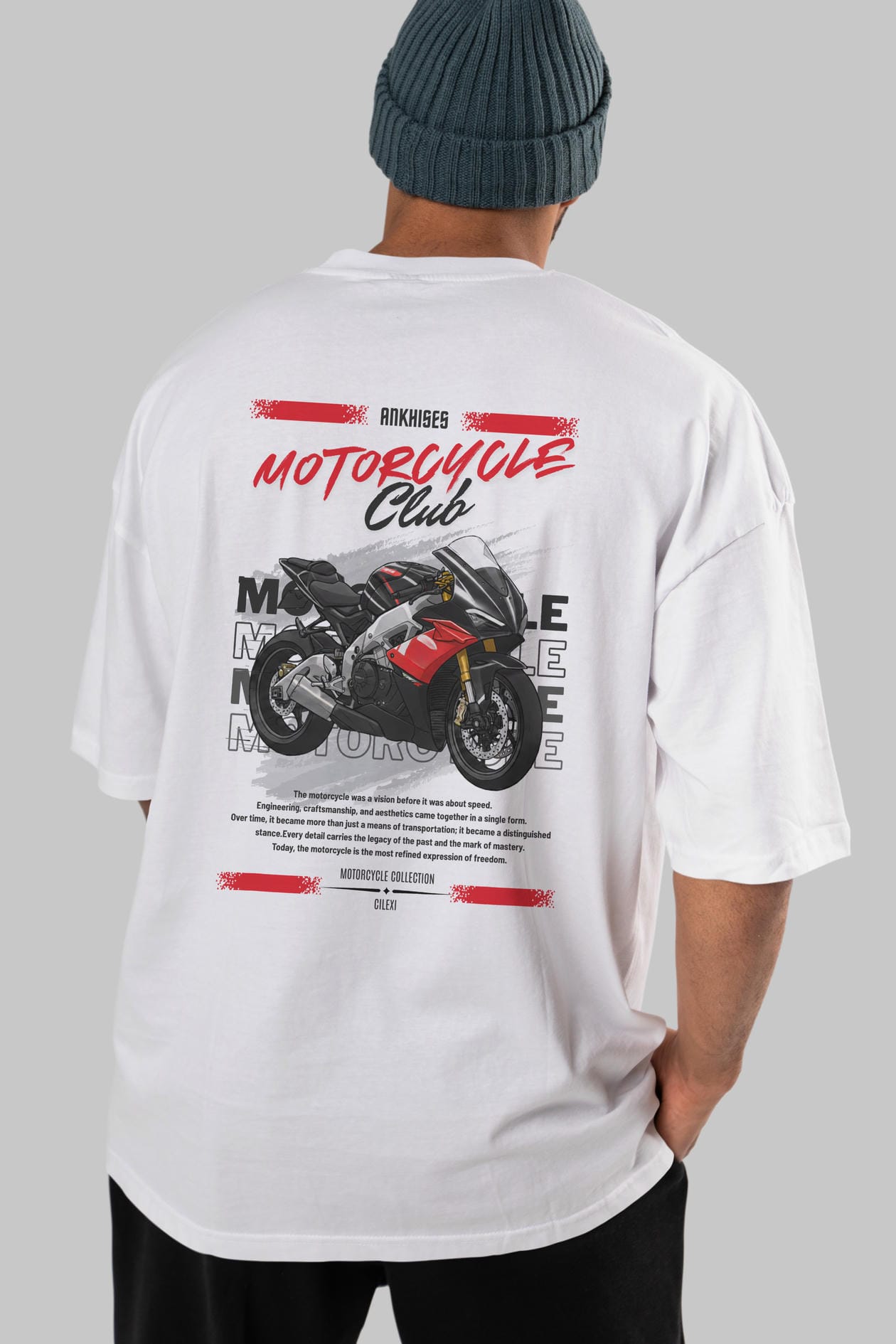 Motosiklet Serisi 8 Arka Baskılı Oversize t-shirt Erkek Kadın %100 Pamuk Bisiklet Yaka tişort
