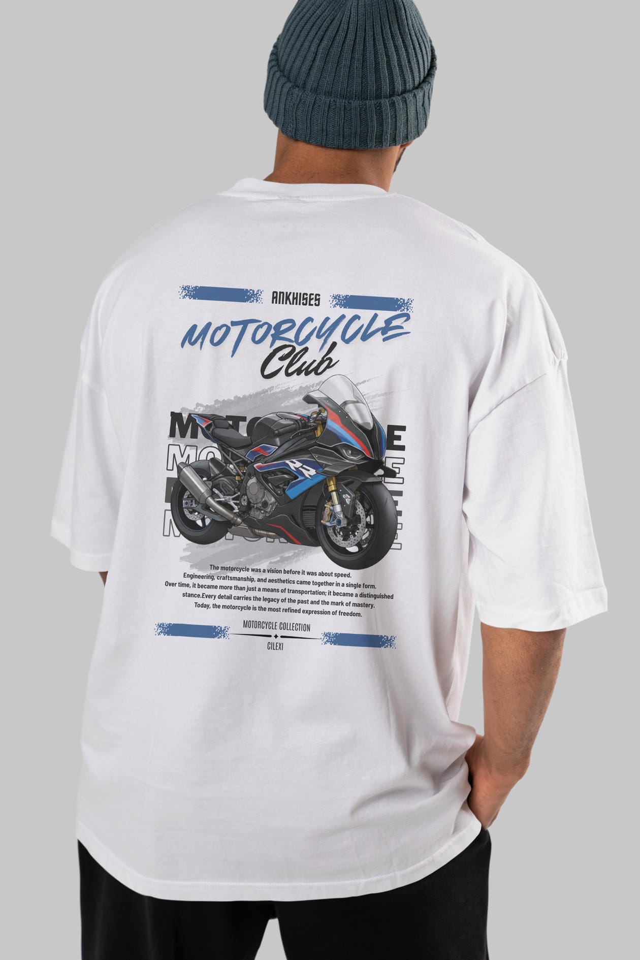 Motosiklet Serisi 1 Arka Baskılı Oversize t-shirt Erkek Kadın %100 Pamuk Bisiklet Yaka tişort