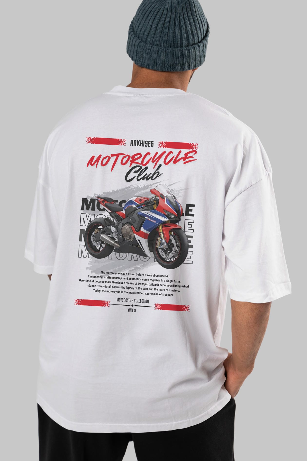 Motosiklet Serisi 3 Arka Baskılı Oversize t-shirt Erkek Kadın %100 Pamuk Bisiklet Yaka tişort
