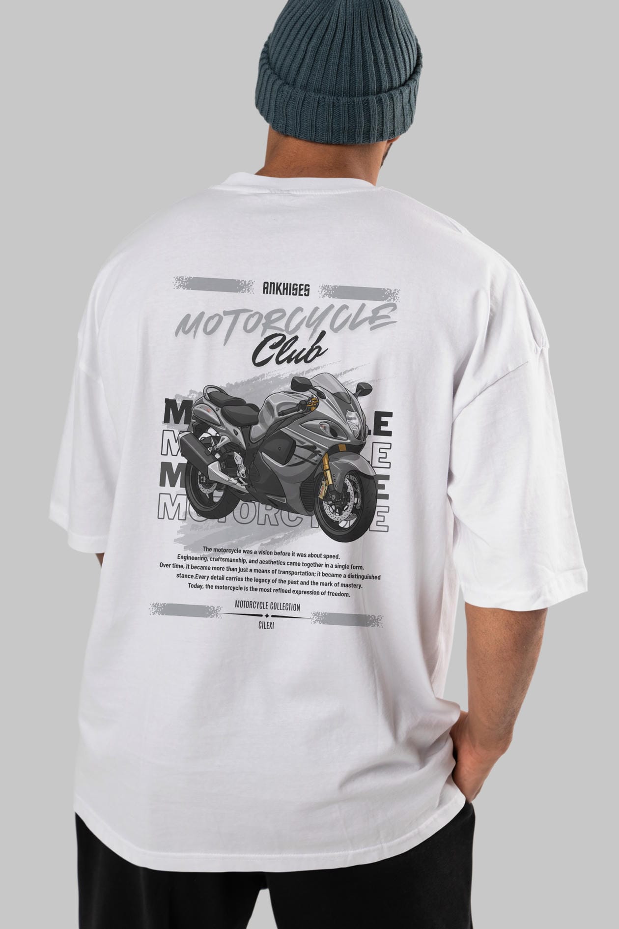 Motosiklet Serisi 9 Arka Baskılı Oversize t-shirt Erkek Kadın %100 Pamuk Bisiklet Yaka tişort