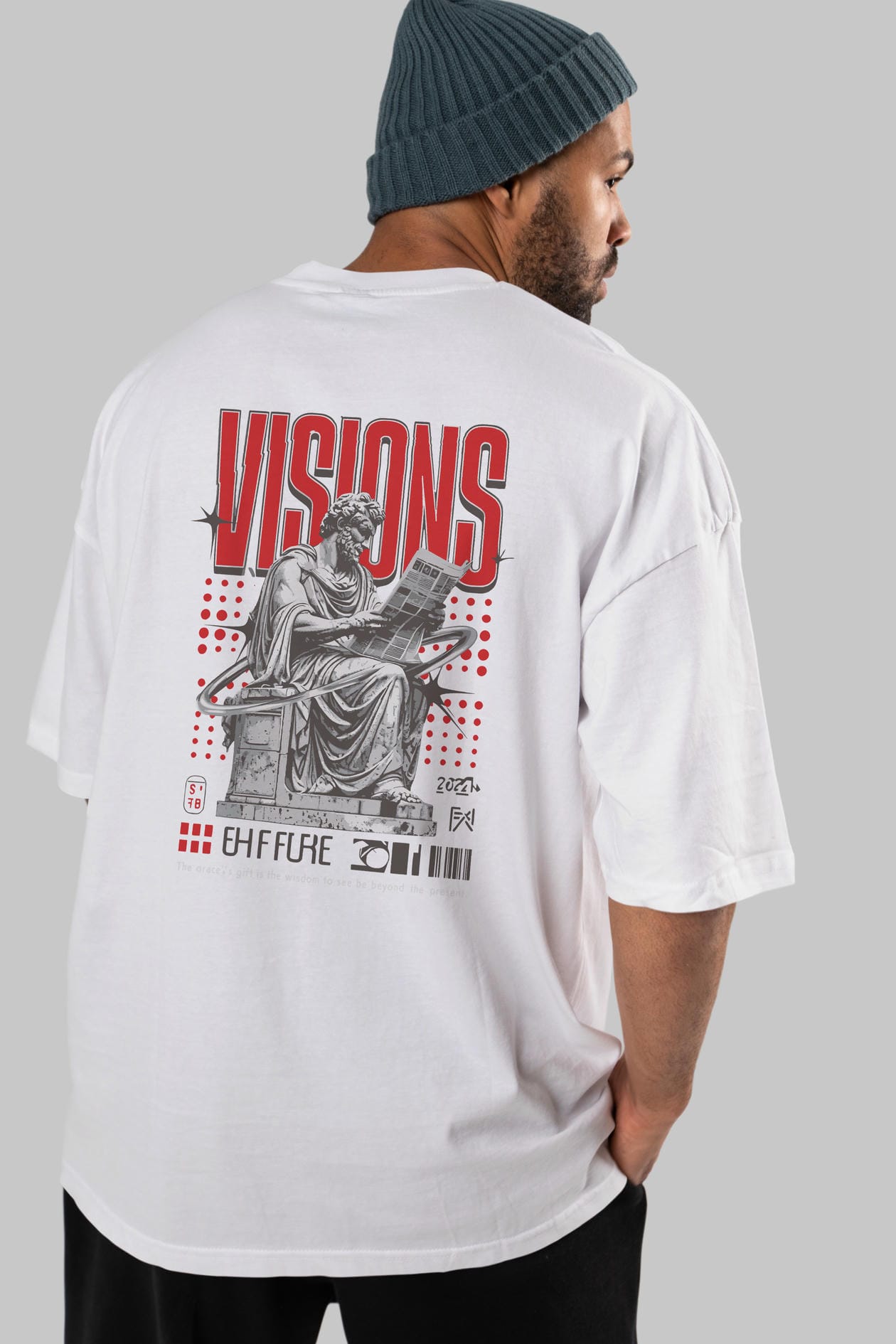 Visions Arka Baskılı Oversize t-shirt Erkek Kadın %100 Pamuk Bisiklet Yaka tişort