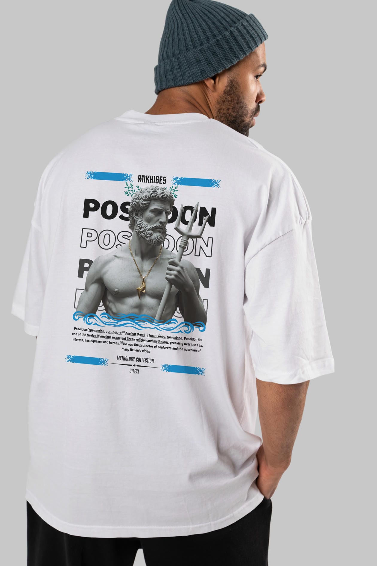 Poseidon 3 Arka Baskılı Oversize t-shirt Erkek Kadın %100 Pamuk Bisiklet Yaka tişort