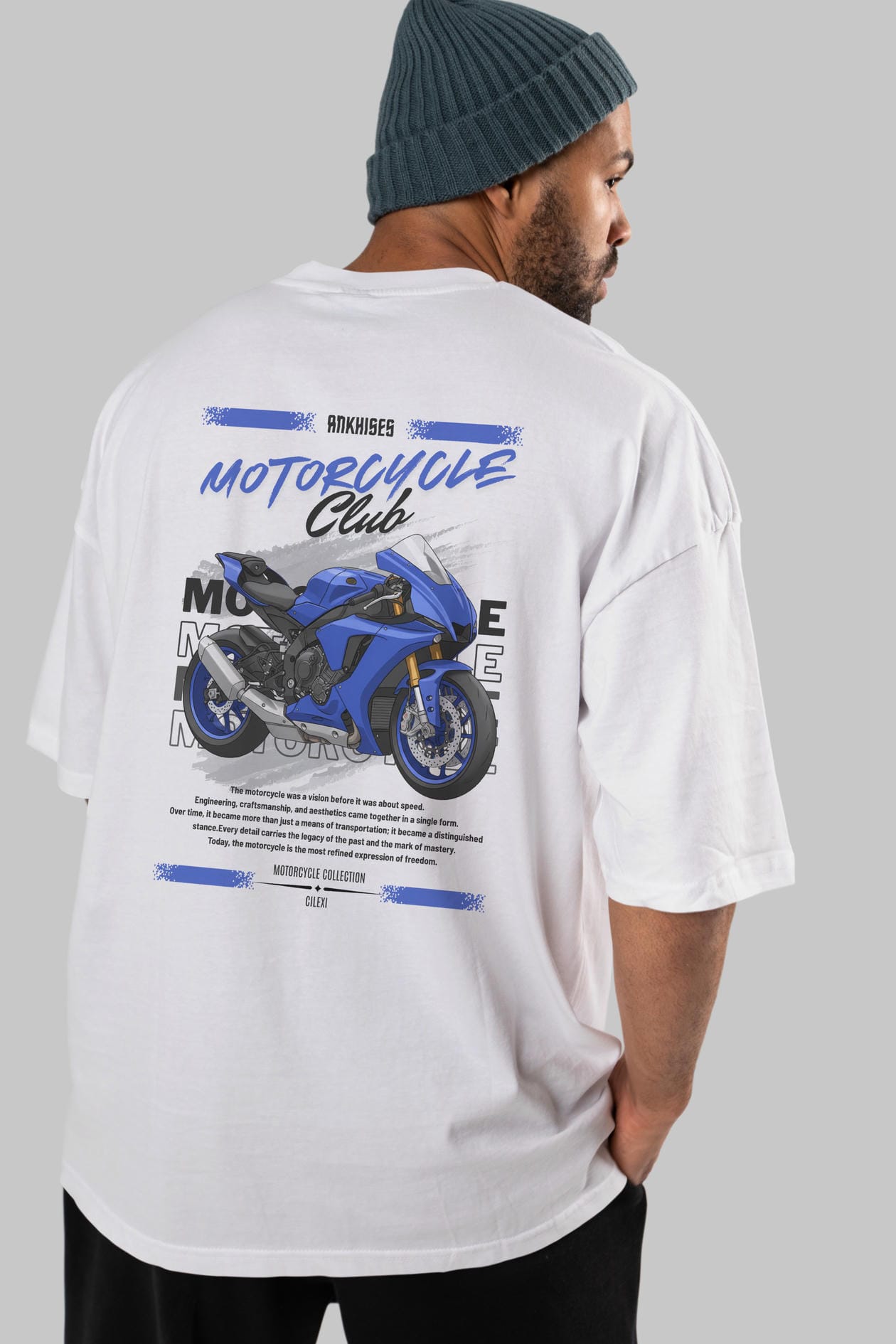 Motosiklet Serisi 31 Arka Baskılı Oversize t-shirt Erkek Kadın %100 Pamuk Bisiklet Yaka tişort