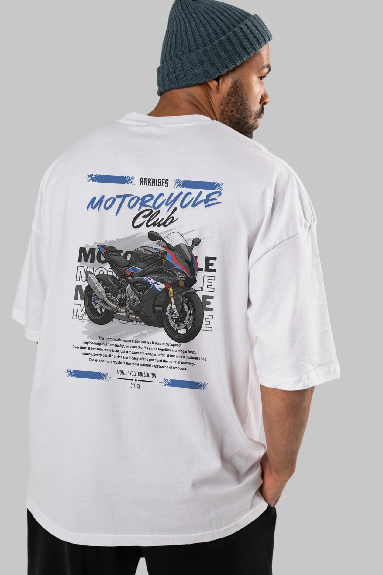 Motosiklet Serisi 2 Arka Baskılı Oversize t-shirt Erkek Kadın %100 Pamuk Bisiklet Yaka tişort