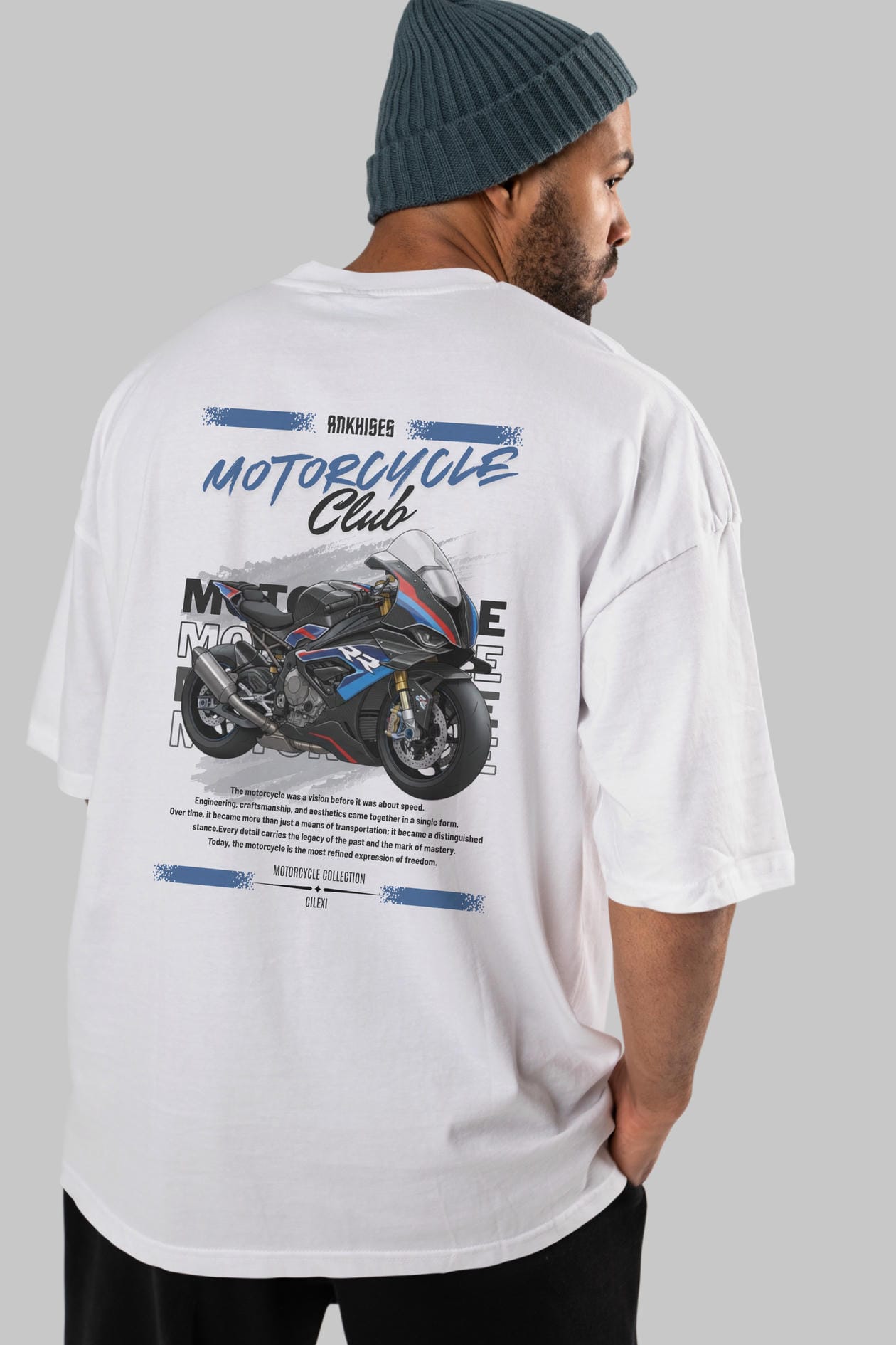 Motosiklet Serisi 1 Arka Baskılı Oversize t-shirt Erkek Kadın %100 Pamuk Bisiklet Yaka tişort