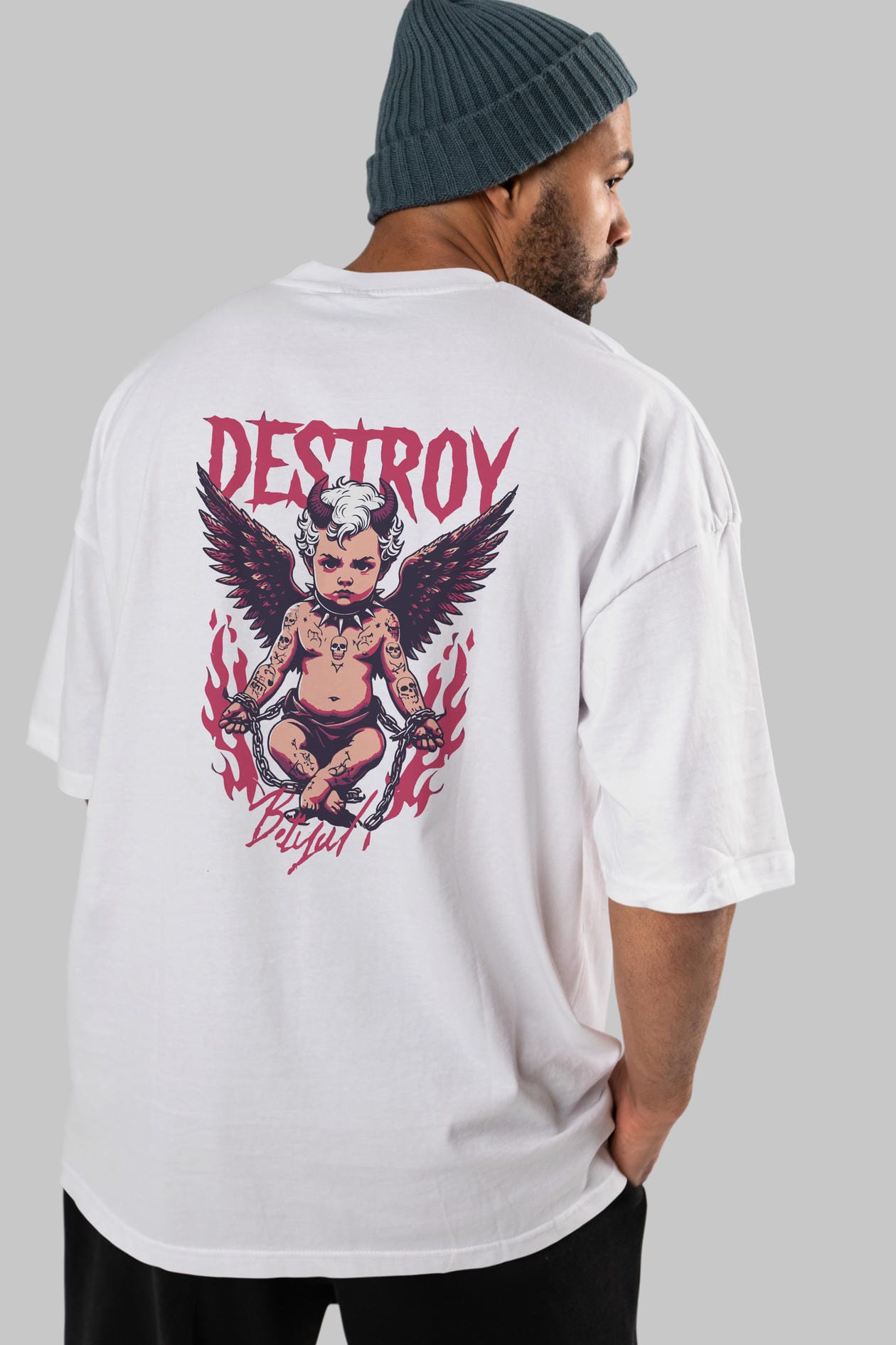 Destroy Arka Baskılı Oversize t-shirt Erkek Kadın %100 Pamuk Bisiklet Yaka tişort