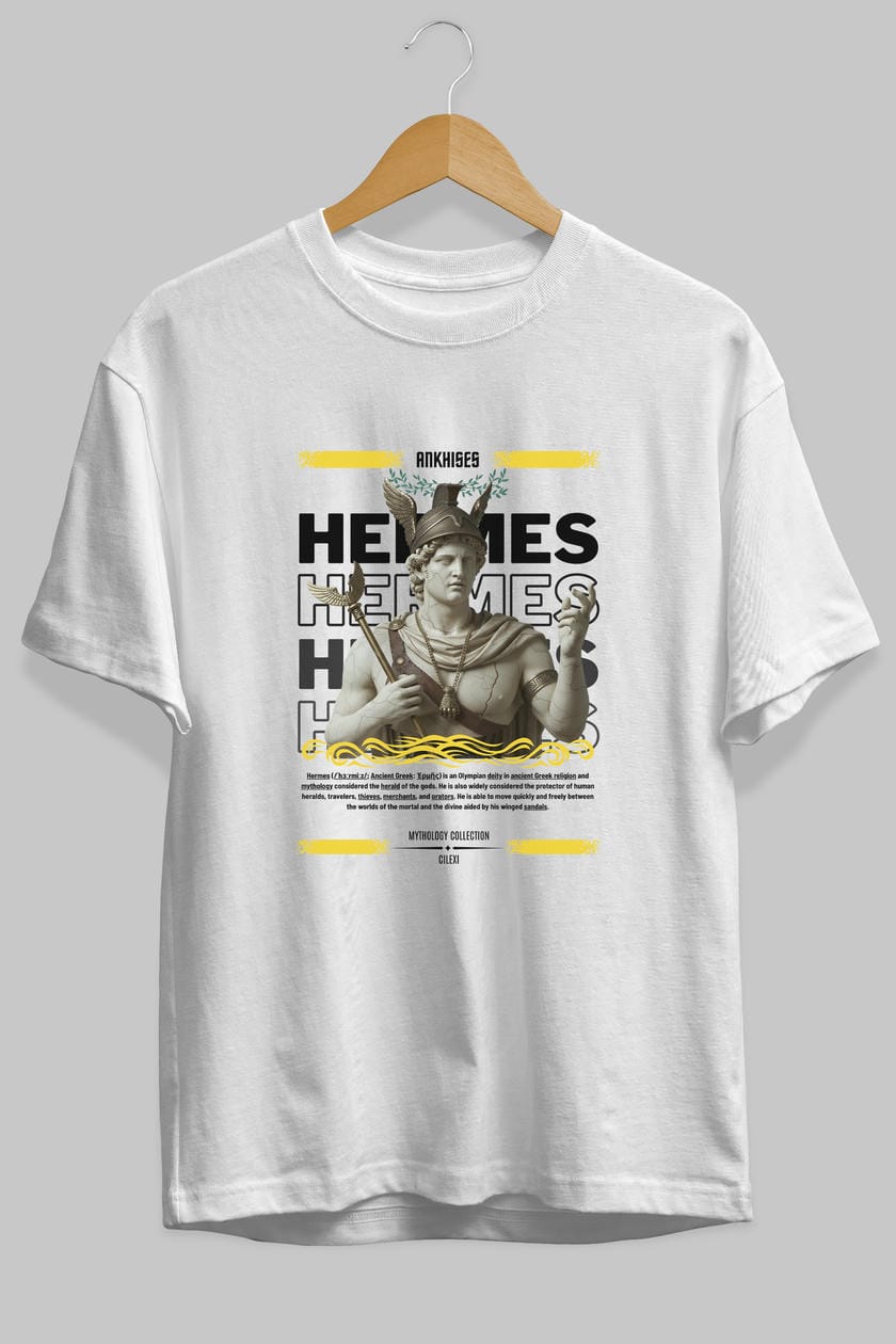 Hermes 1 ön Baskılı Oversize t-shirt Erkek Kadın %100 Pamuk Bisiklet Yaka tişort - Cilexi