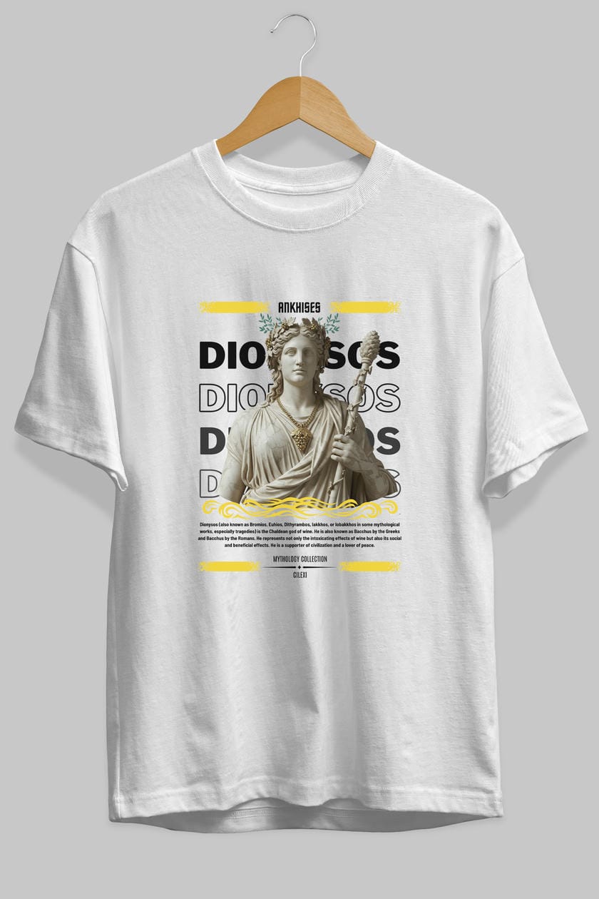 Dionysos 1 ön Baskılı Oversize t-shirt Erkek Kadın %100 Pamuk Bisiklet Yaka tişort