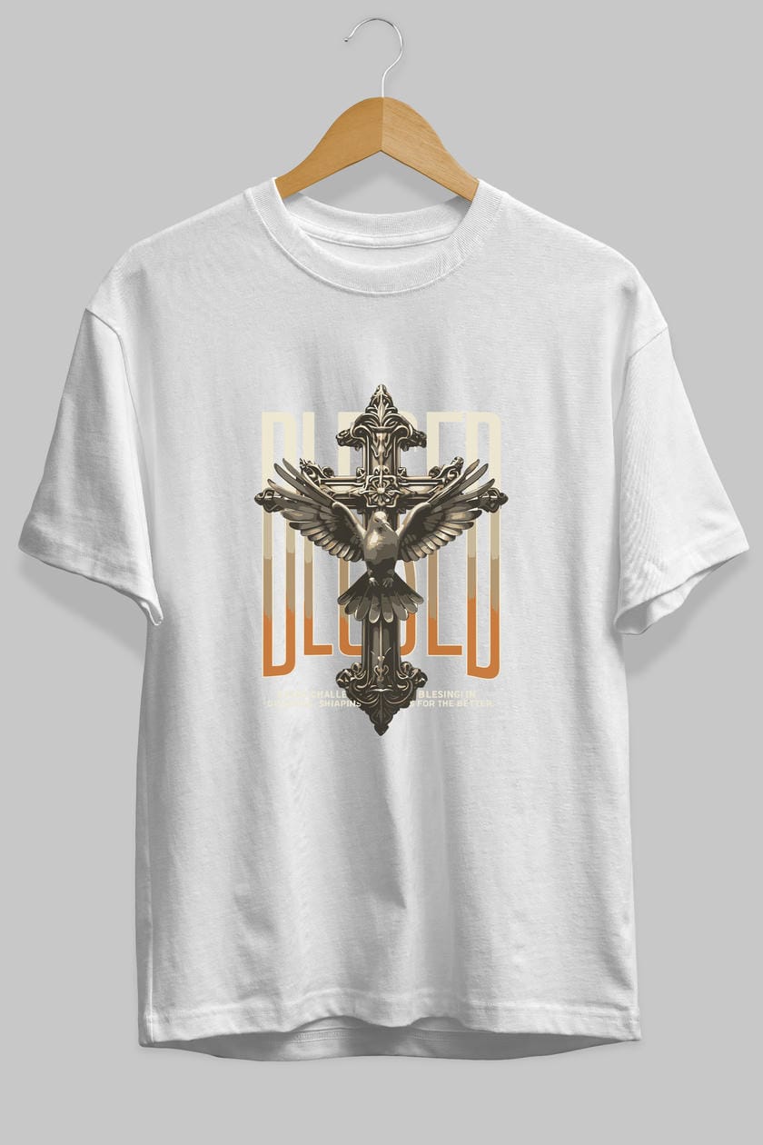 Blesed ön Baskılı Oversize t-shirt Erkek Kadın %100 Pamuk Bisiklet Yaka tişort