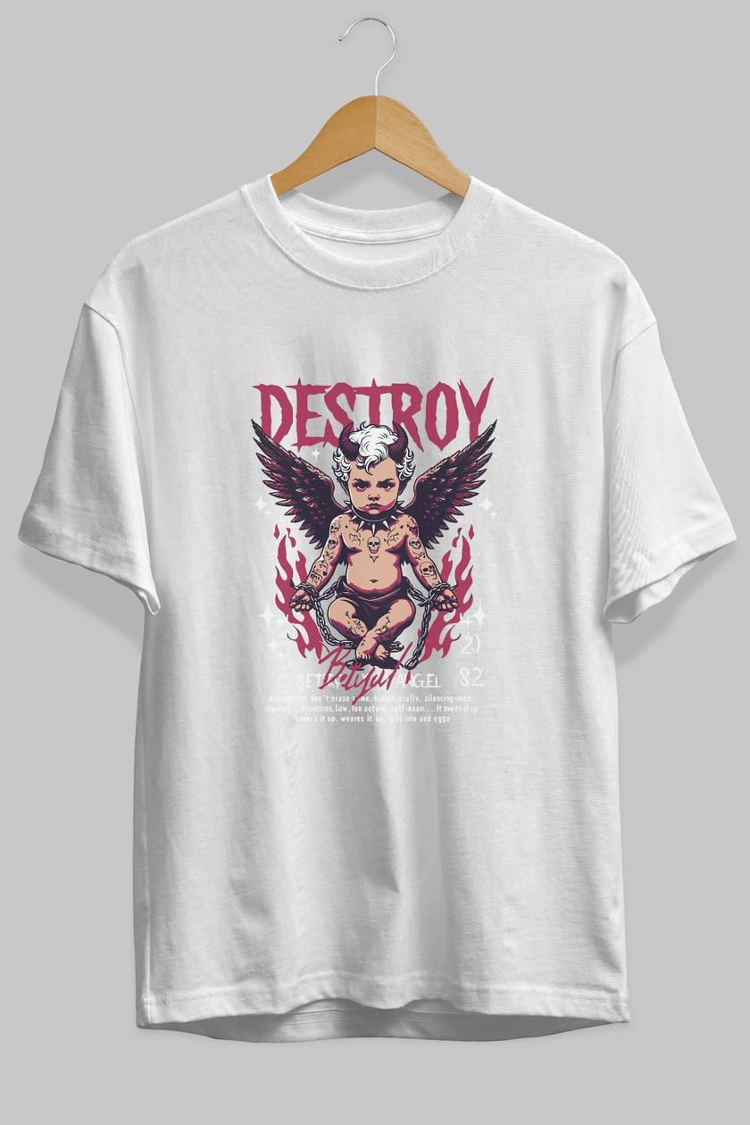 Destroy ön Baskılı Oversize t-shirt Erkek Kadın %100 Pamuk Bisiklet Yaka tişort