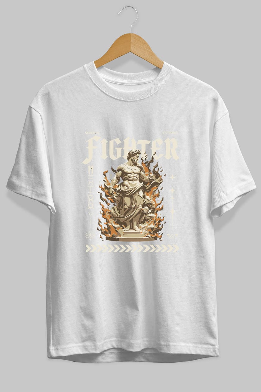 Fighter ön Baskılı Oversize t-shirt Erkek Kadın %100 Pamuk Bisiklet Yaka tişort