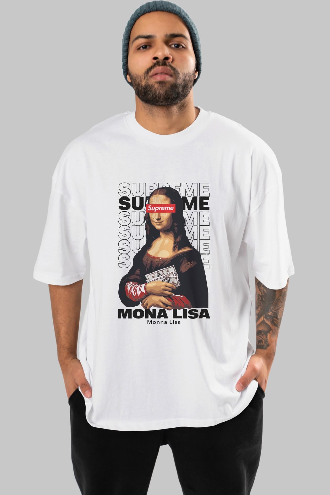 Mona Lisa Supreme ön Baskılı Oversize t-shirt Erkek Kadın %100 Pamuk Bisiklet Yaka tişort